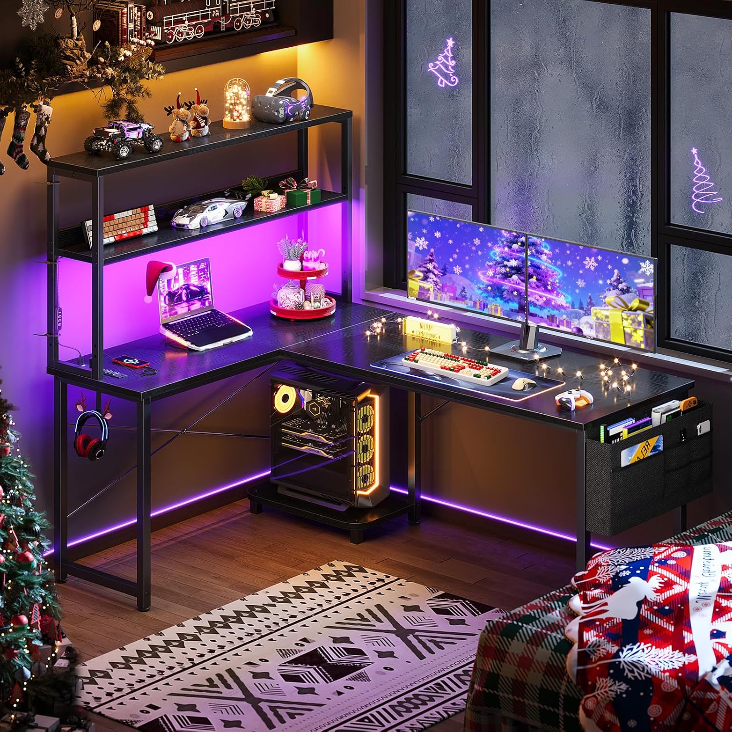 ODK 53 Inch L Shaped Gaming Desk with LED Lighting, Reversible Desk with Power Outlets, Cornor Computer Table with Storage Shelves & Bag & Iron Hook, Home Office Table for Writing, Study, Black