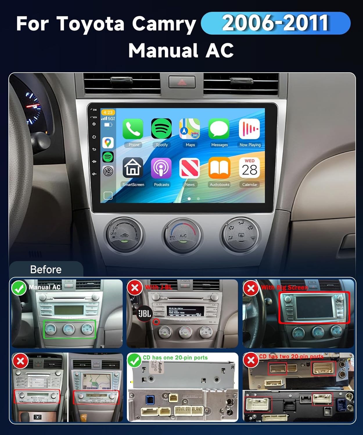 Qualcomm 8Core 4+64G Car Stereo for Toyota Camry 2006-2011 Wireless CarPlay/Android Auto Android Radio with 10.1