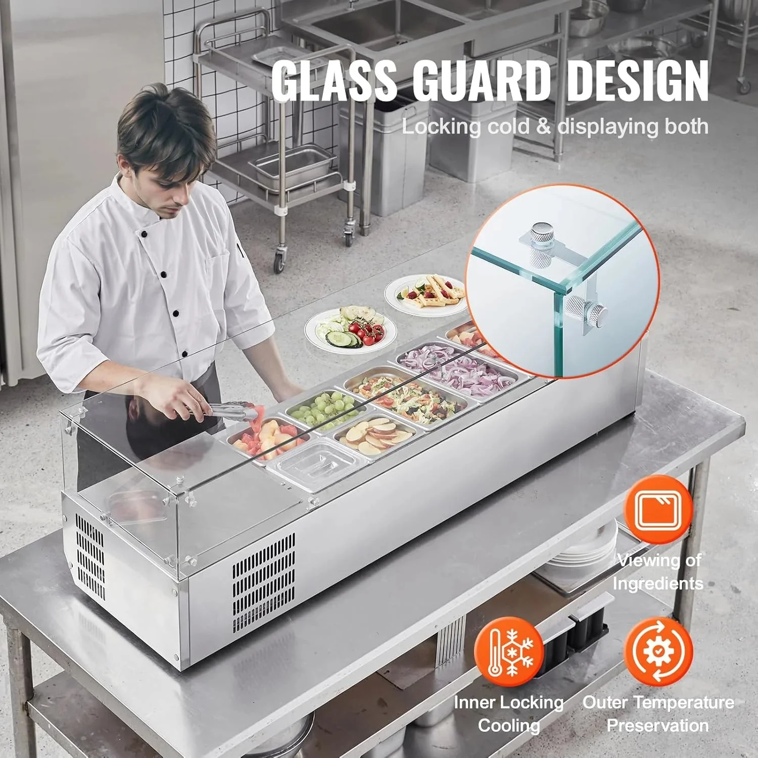 Refrigerated Condiment Prep Station, 135 W Countertop Refrigerated Condiment Station, with 2 1/3 Pans & 4 1/6 Pans, 304 Stainless Body and PC Lid, Sandwich Prep Table with Stainless Guard, ETL