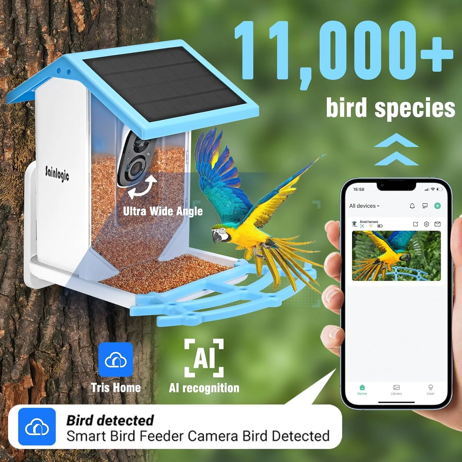 Smart Bird Feeder with 1080P HD Camera, Camera Bird Feeder Identify Bird Species with 2 Solar Panels, Video Bird Feeder with WiFi & Motion Detection, Smart Bird Feeders as Gifts(Light Blue)