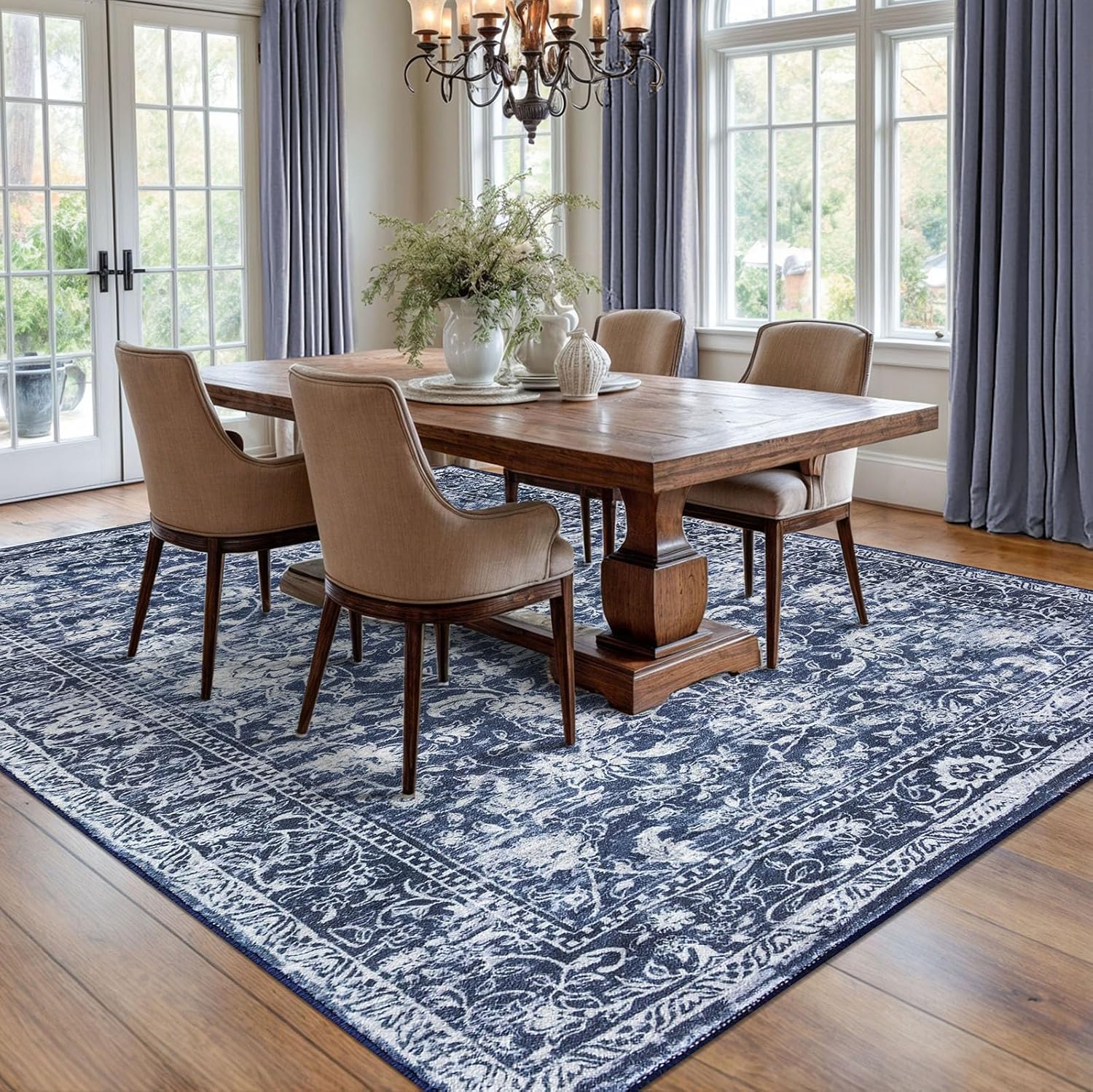 KILOCOCO Area Rug 8x10 Living Room Rug Washable Printed Vintage Floral Non Slip Soft Rubber Backed Indoor Bedroom Rugs for Laundry Room Kitchen Playroom Moroccan Area Rugs, Blue