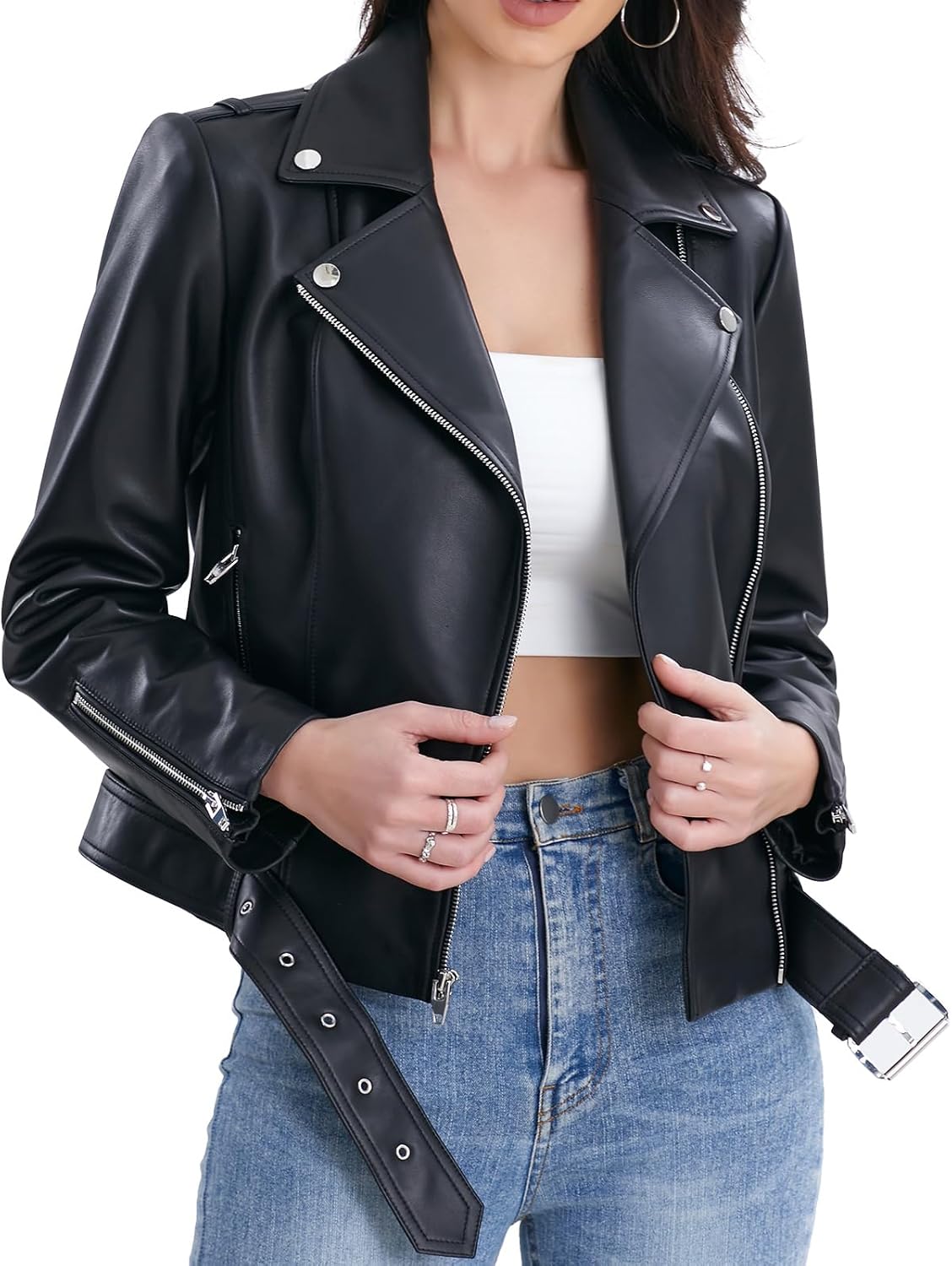 SILVER FASHIONS Lambskin Leather Jacket Women,Motorcycle Jacket,Classic Asymmetrical Zip Style,Buckle Belts,Multiple Pockets