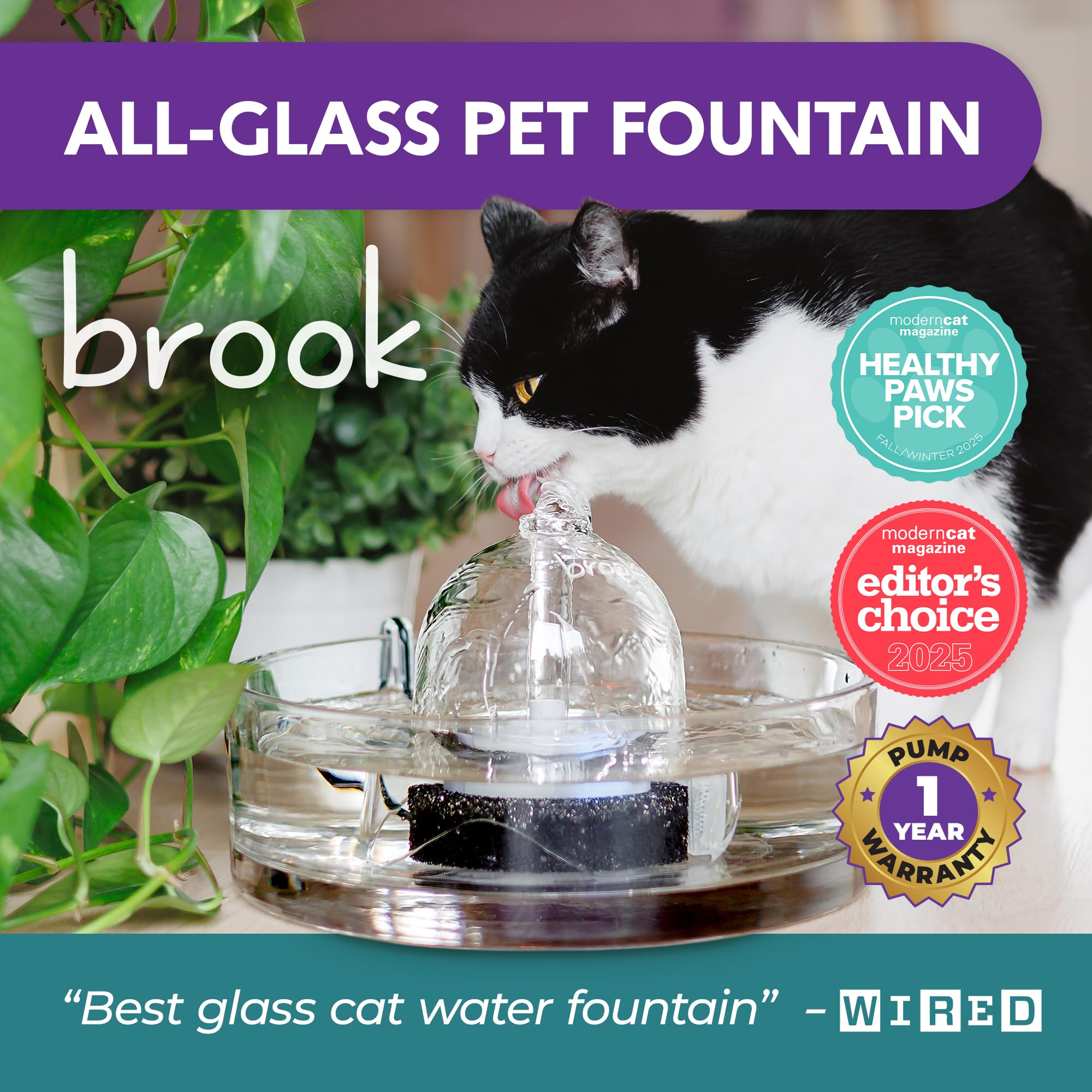 BROOK Glass Pet Fountain - 90oz Cat & Dog Water Dispenser