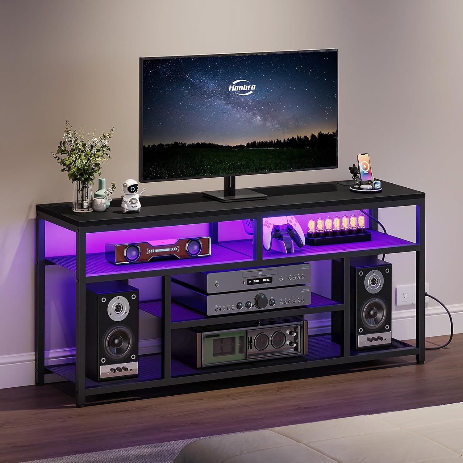 HOOBRO LED TV Stand with Charging Station, 4-Tier Entertainment Gaming Center, Modern Media Console Table, Open Shelves, 55.1