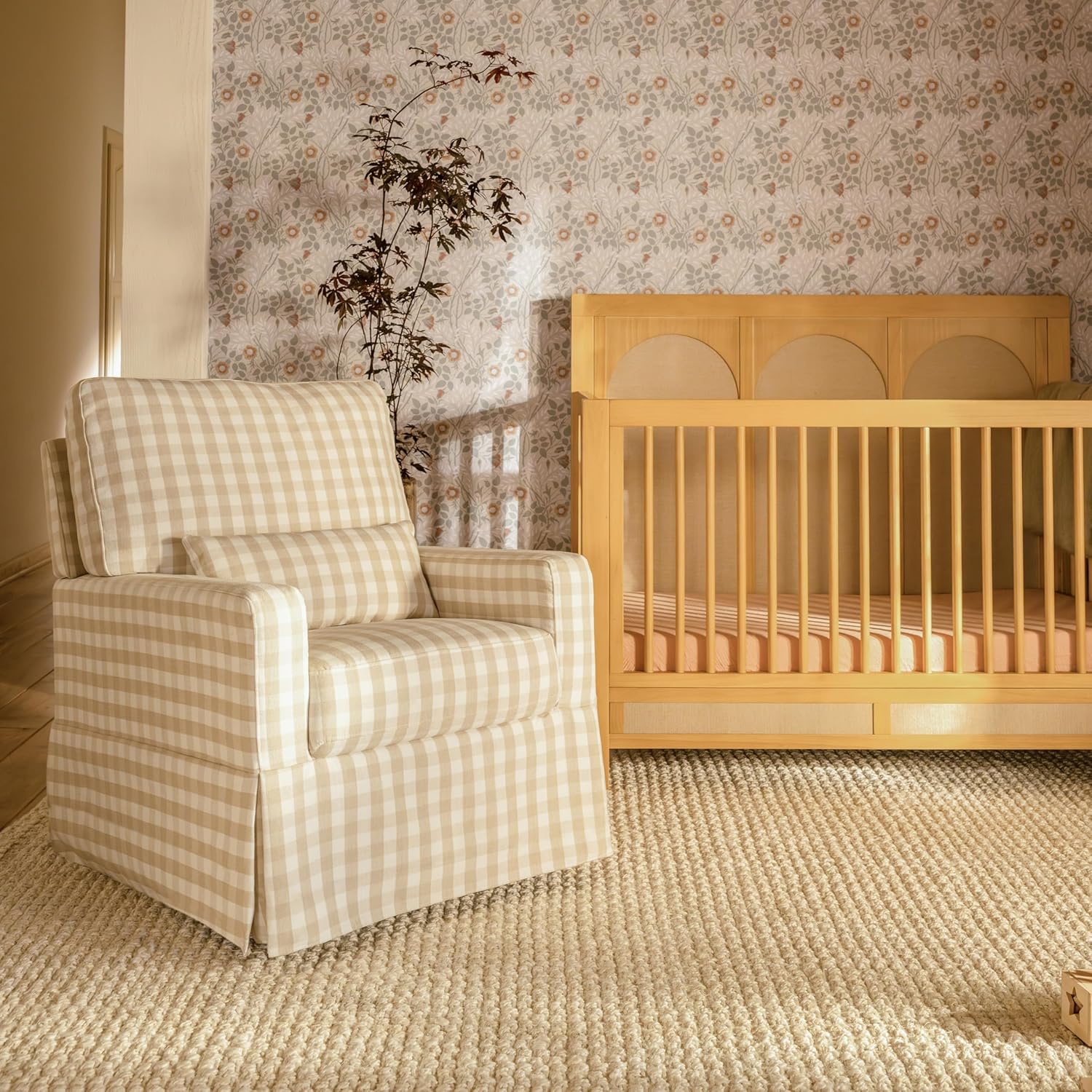 Namesake Crawford Pillowback Comfort Swivel Glider in Tan Gingham, Water Repellent & Stain Resistant, Greenguard Gold & CertiPUR-US Certified