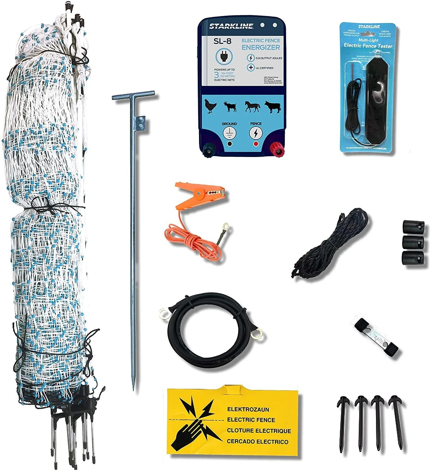 Starkline Electric Poultry Netting Kit C AC Energizer (48 x164 White/Blue Poultry Netting) (12/48/3) All in One Electric Fence Kit for Backyards, Homesteads, Ranches or Farms