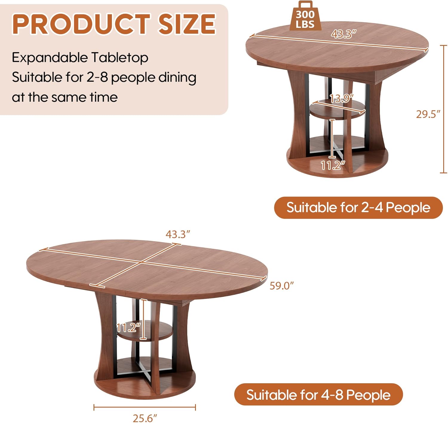 43.3''-59'' Extendable Round Dining Table for 4-8, Expandable Kitchen Table with Storage Shelf, Space Saving Circle Kitchen Table, Round Oval Dining Room Table for Living Room