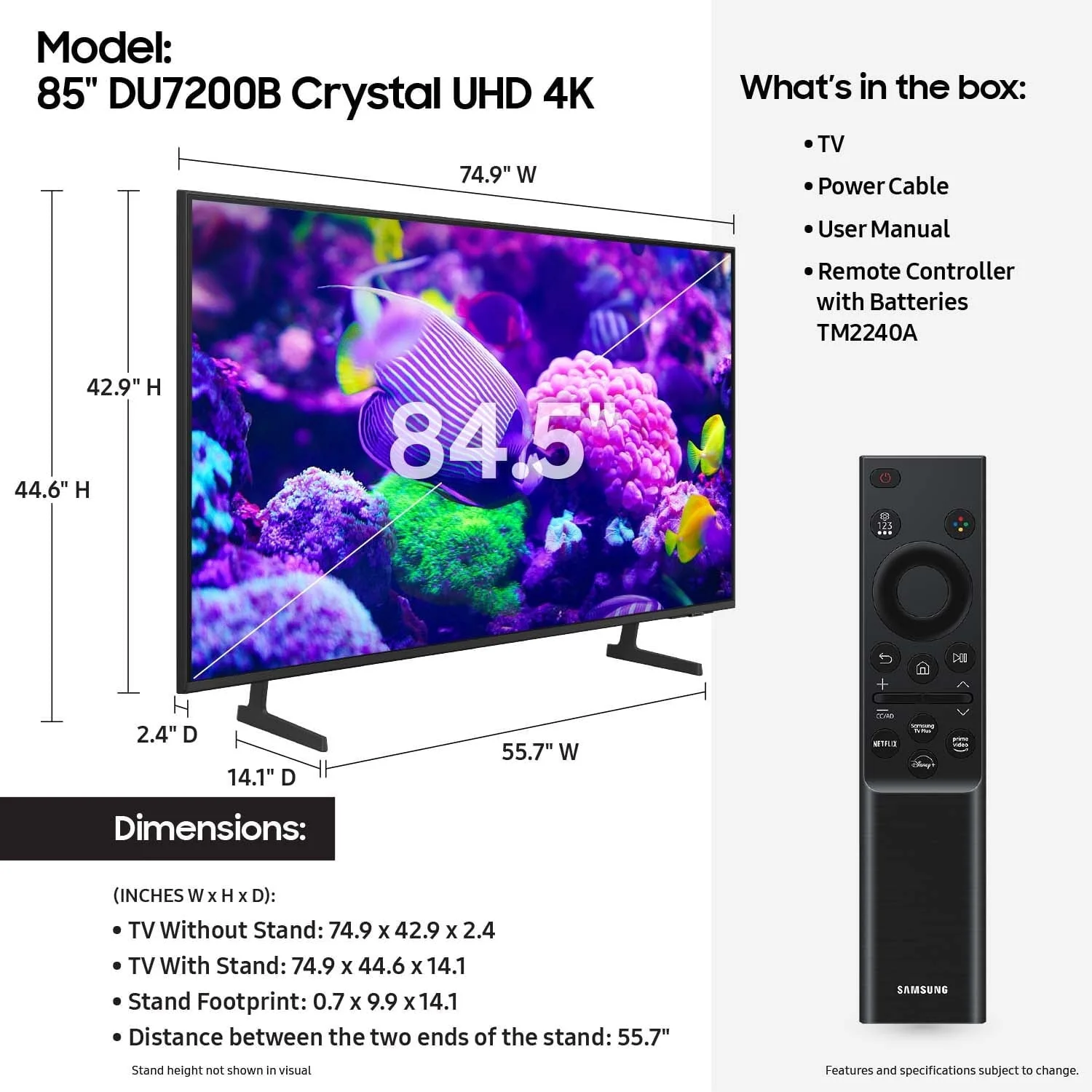 Samsung 85′′ DU7200B Crystal UHD 4K Smart TV with HDR, Motion Xcelerator, and Object Tracking Sound Lite