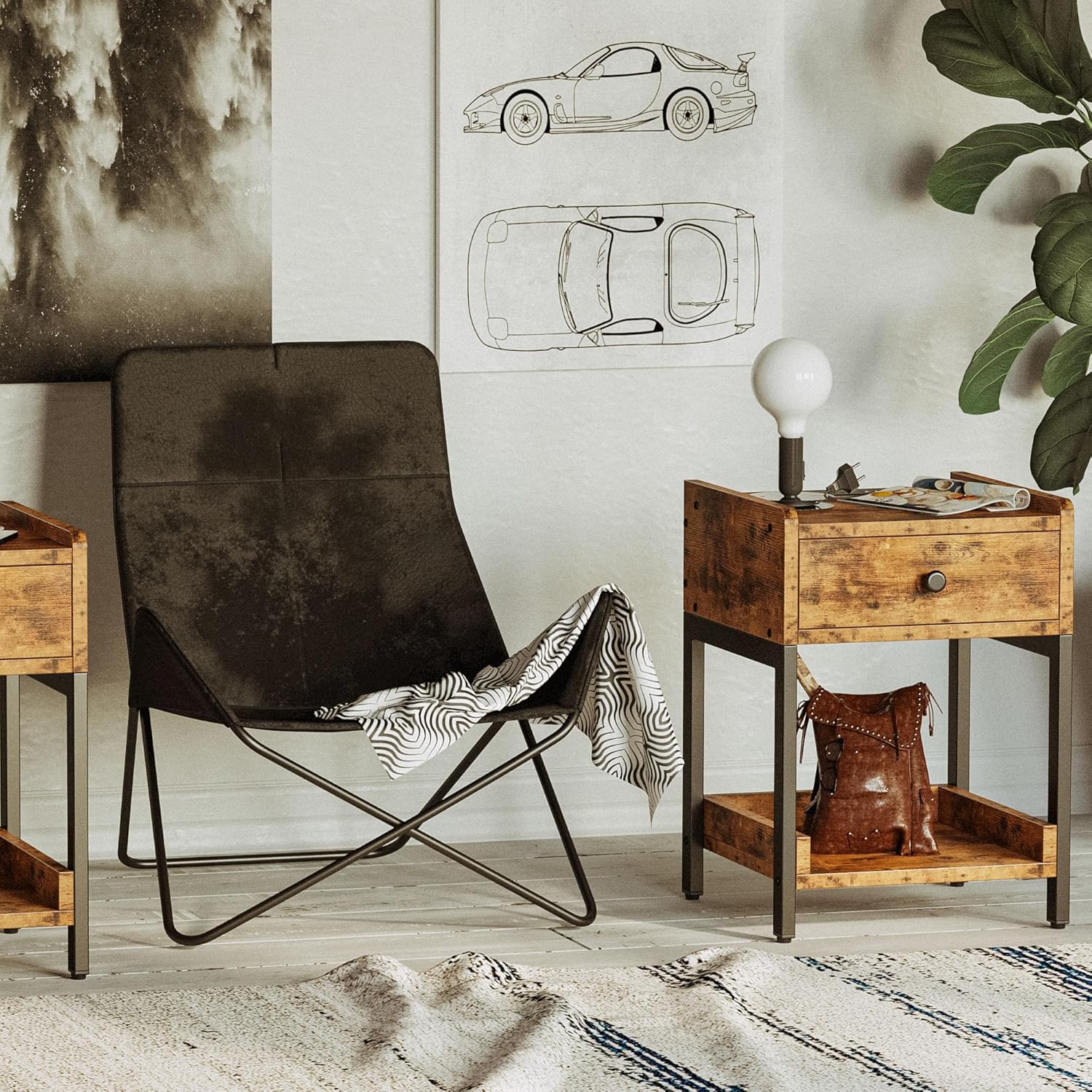 LIKIMIO Nightstand, Set of 2 Bedside Table with Charging Station for Small Space, End Table with Storage Drawer and Shelf for Bedroom and Living Room, Easy Assembly, Stable and Sturdy, Vintage Brown