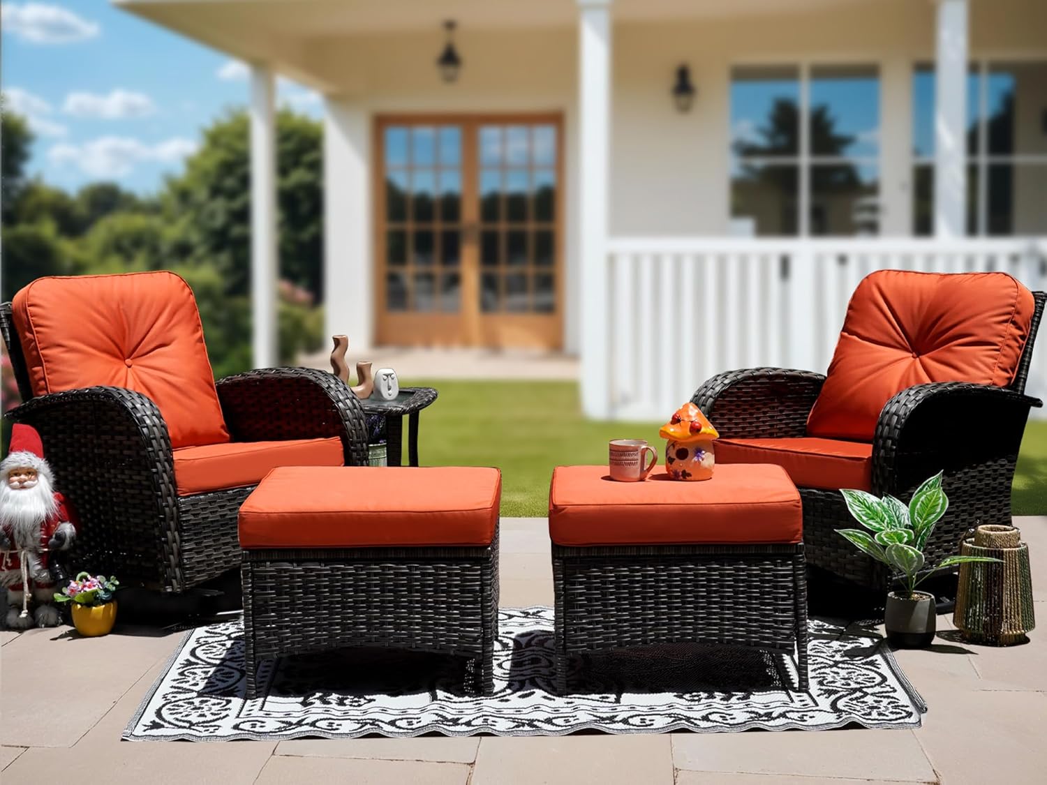 5 Piece Outdoor Patio Furniture Set,Wicker Patio Conversation Set with Swivel Glider Chairs,Wicker Rocking Swivel Chairs Set with Ottomans/Side Coffee Table for Backyard,Deck,Balcony,Red
