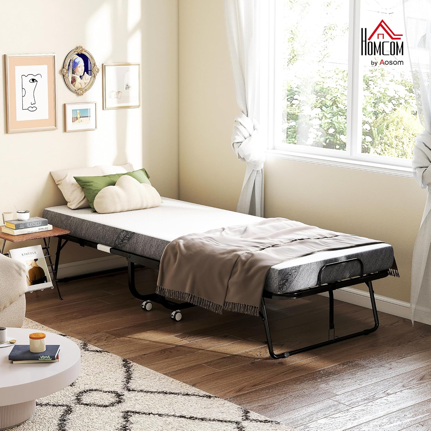 HOMCOM Folding Bed with Mattress for Adults, Long Cot Size, Portable Foldable Bed with 5