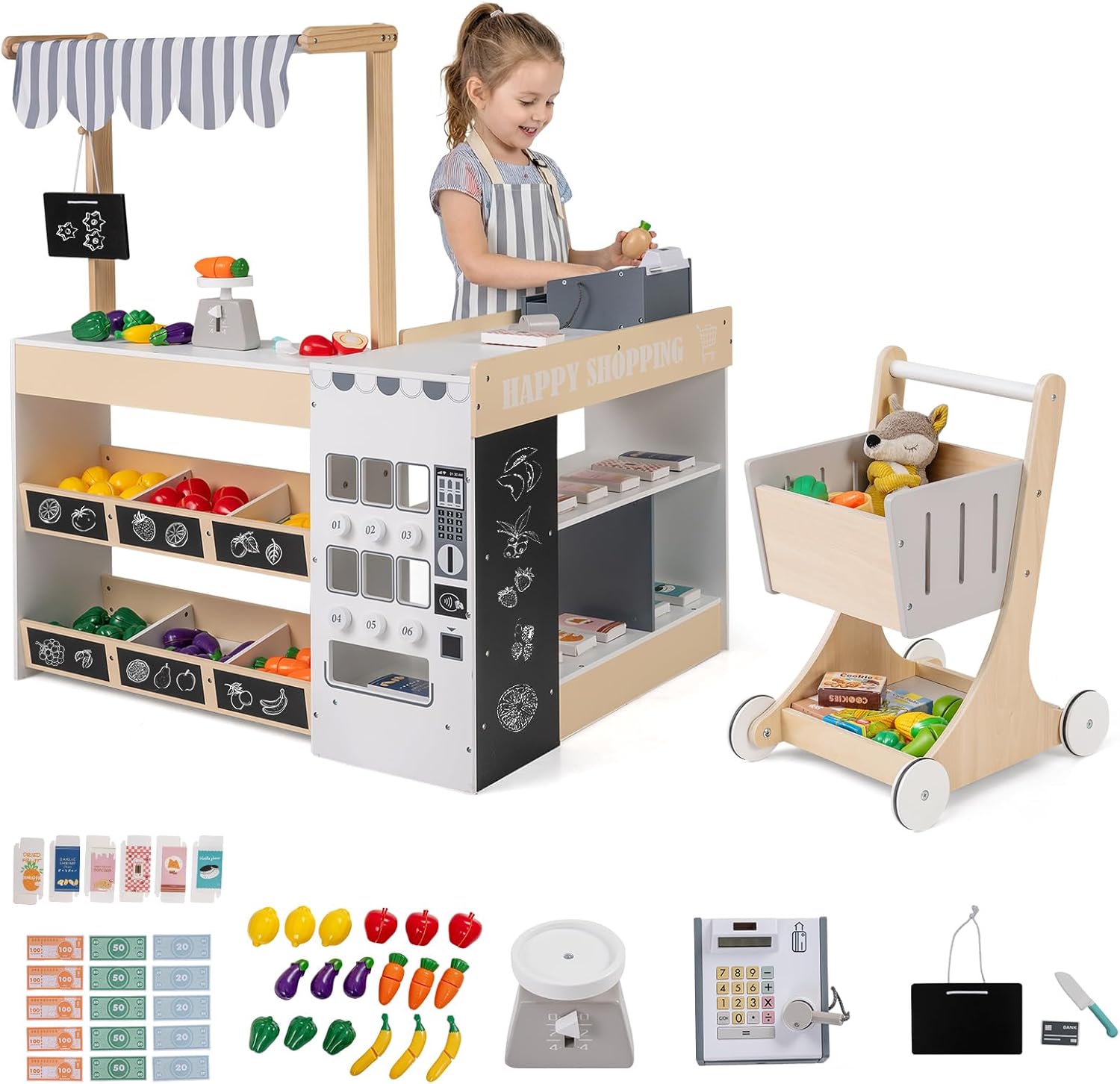 Costzon Kids Grocery Store Playset, Wooden Play Store w/Lights & Sound, Shopping Cart, Blackboards & Cash Register, Toddler Toy Grocery for Boys and Girls Ages 3+ (Natural, 35.5