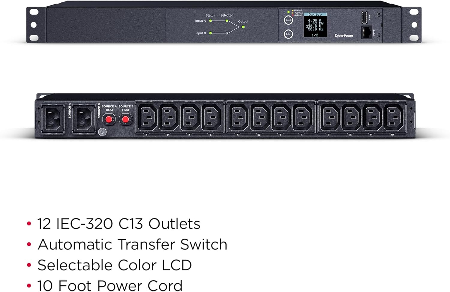 CyberPower PDU24004 Metered ATS PDU, 200-240V, 15A (Derated to 12A), 12 Outlets, 1U Rackmount