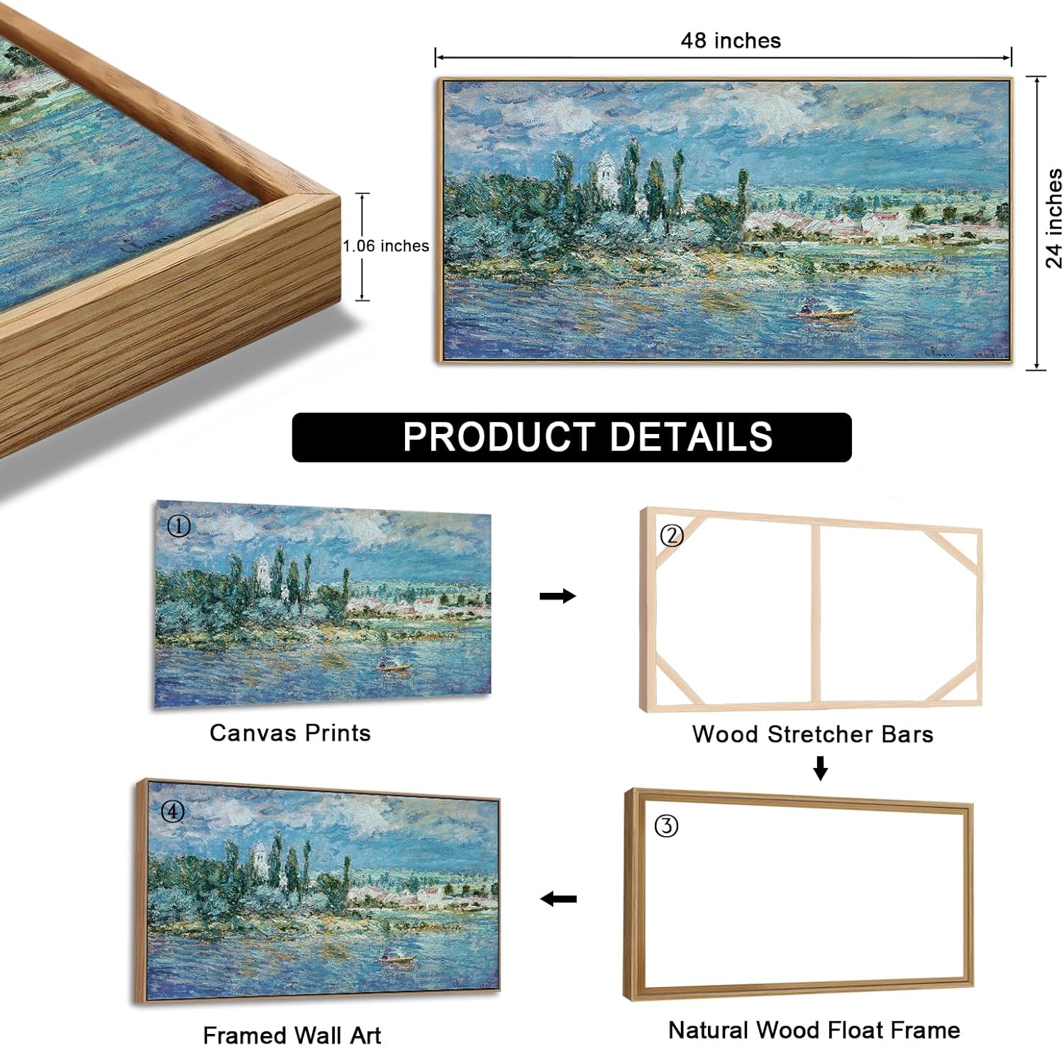 Framed Monet Canvas Wall Art - Landscape with Thunderstorm Fine Art Reproduction Pictures Prints Modern Artworks Large Wall Art Decor Aesthetic for Bedroom Bathroom Home Office Decorations 24
