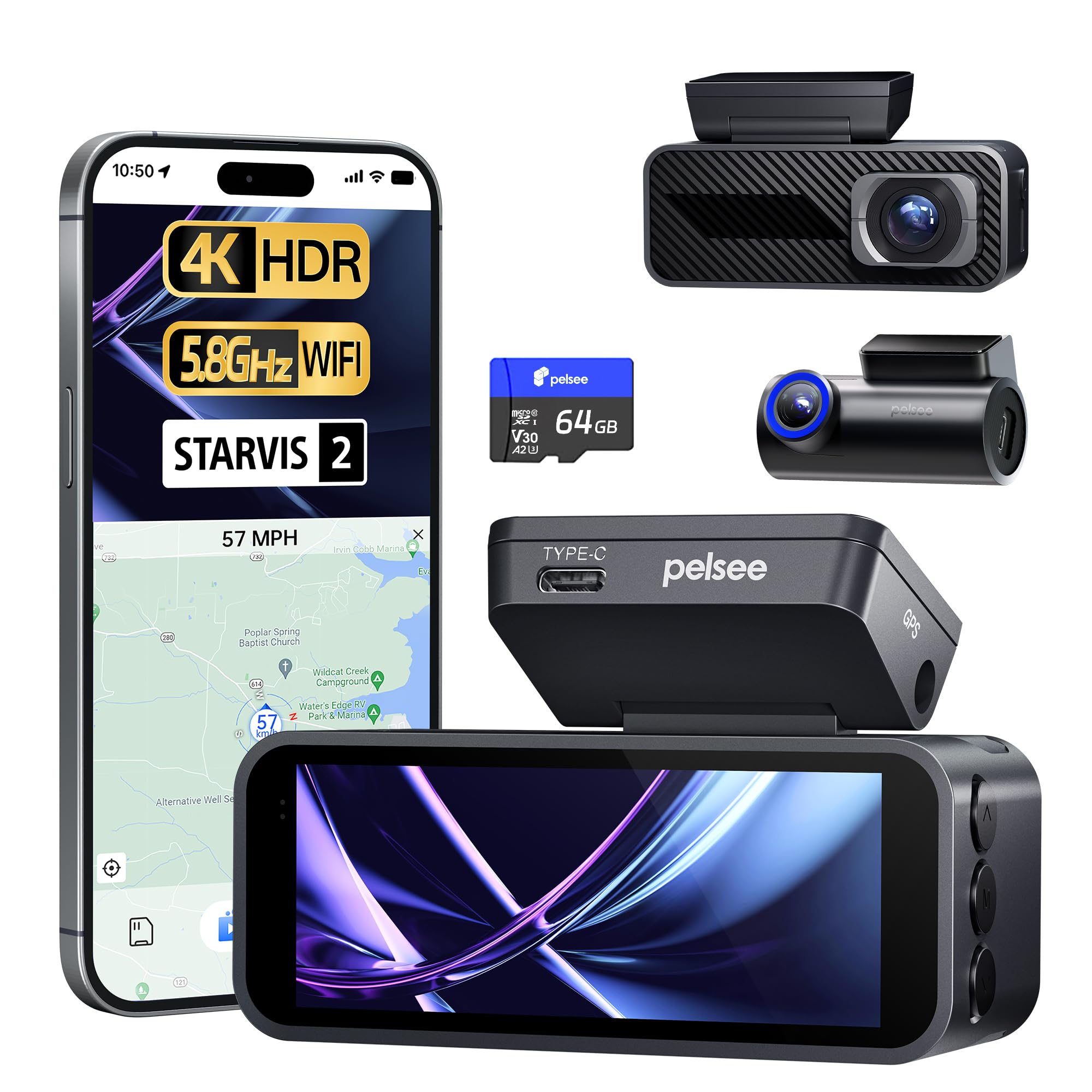 PELSEE P1 Pro 4K Dual Dash Cam with Night Vision & GPS