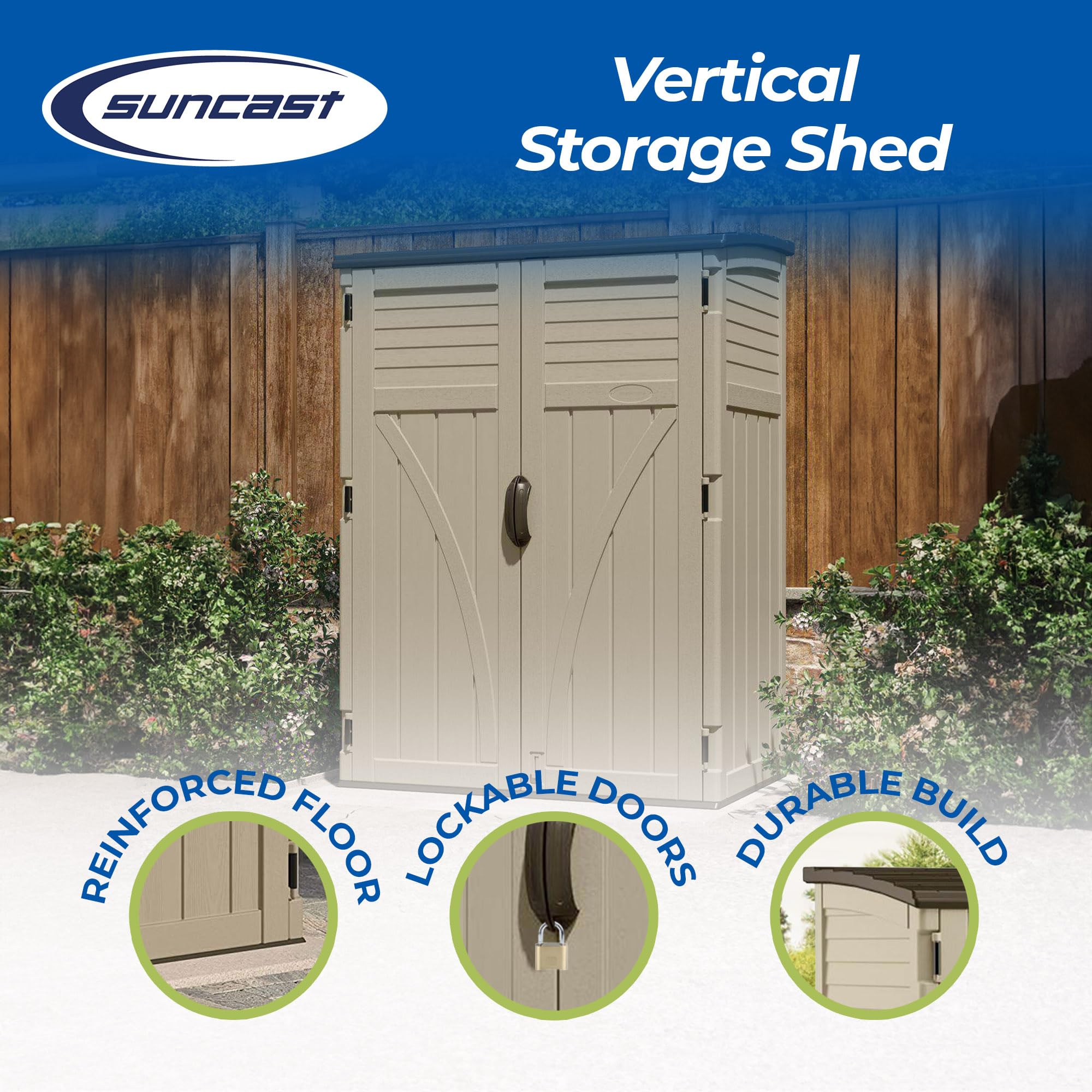 SUNCAST Resin Outdoor Storage Shed for Garden Tools & Cushions