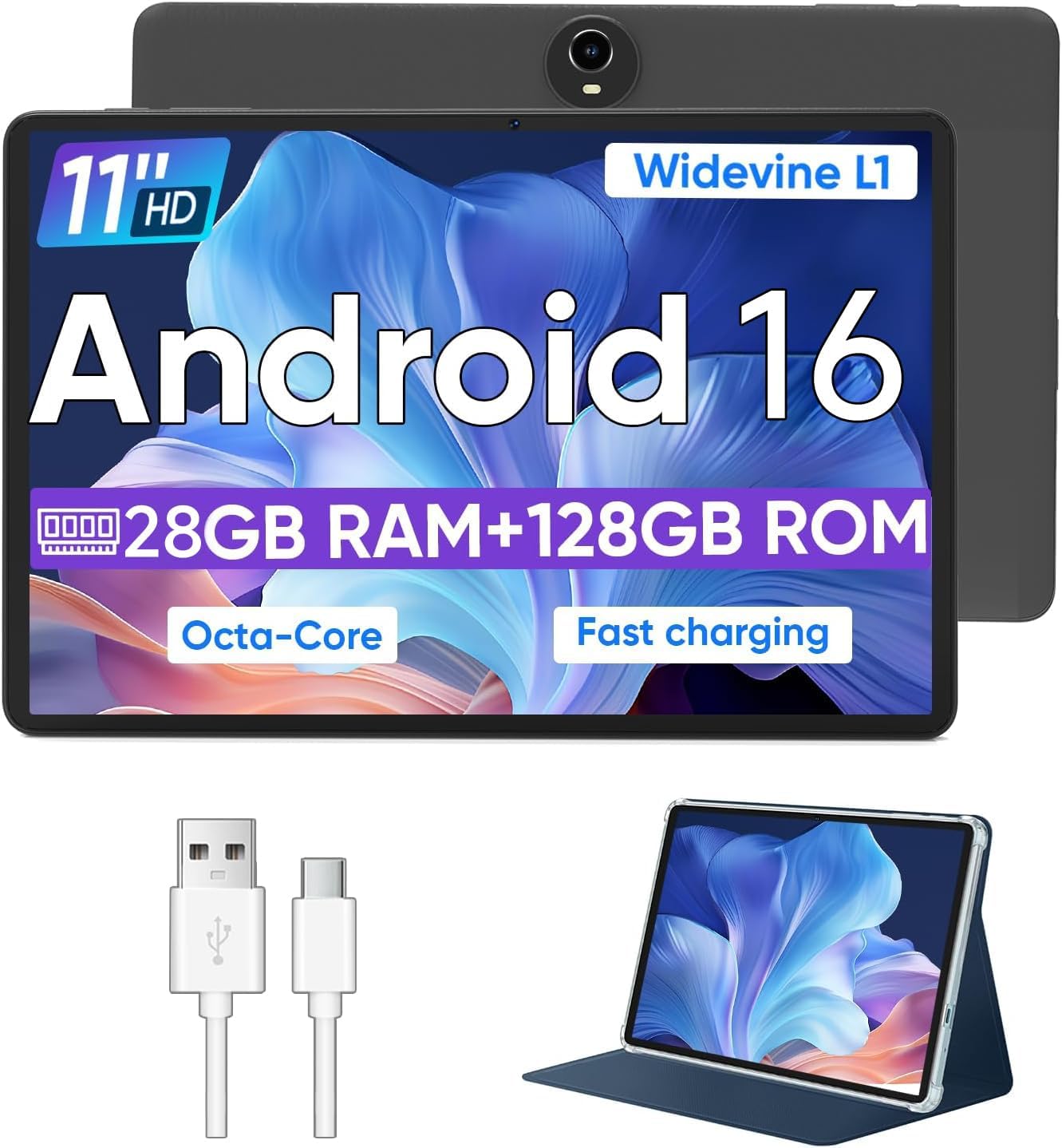 WXUNJA Android 16 Tablet,11 Inch Tablets with Octa Core Processor, 28GB RAM 128GB ROM 1TB Expand, Widevine L1, 8000mAh Battery, 2.4/5Ghz Dual WiFi/GPS/FM, 5/8MP Cameras, Case Included, Black