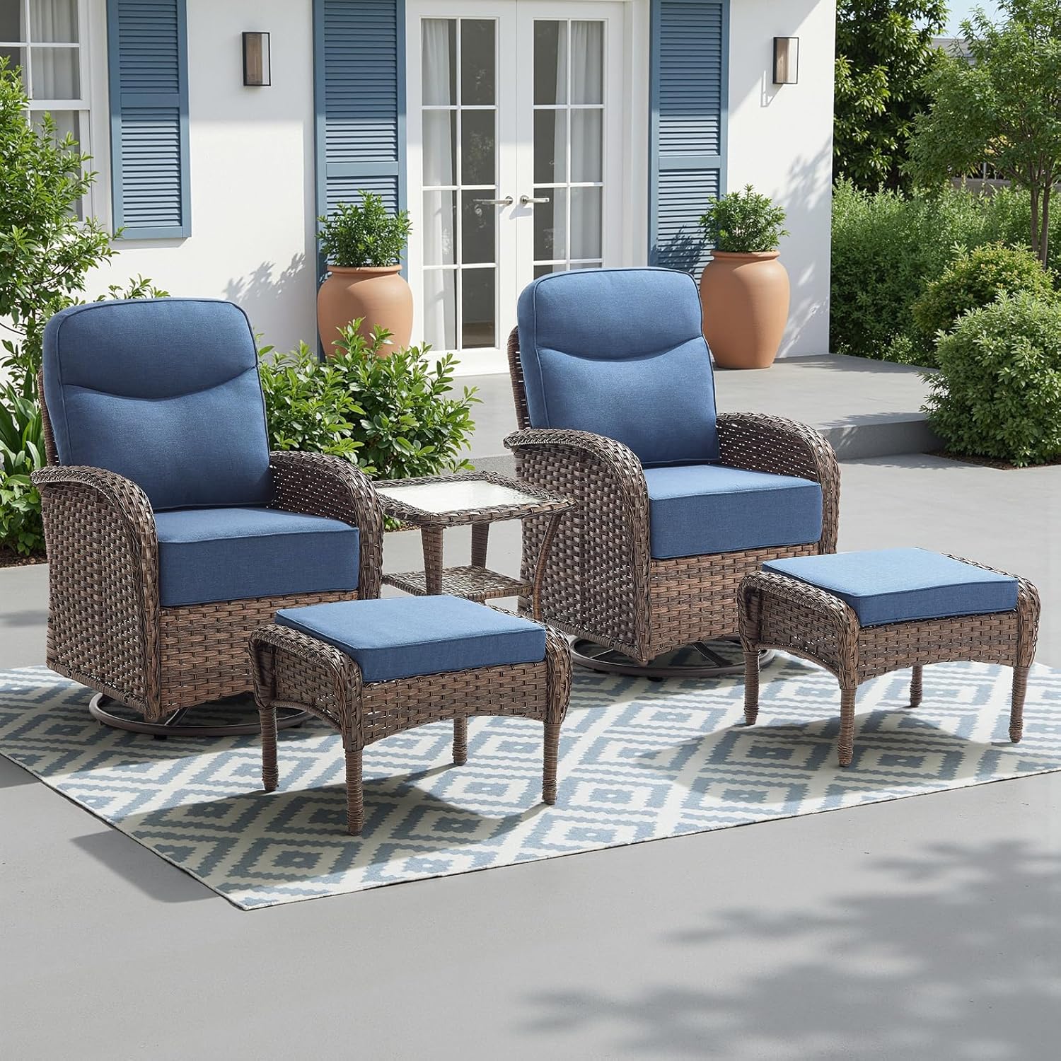 Luxury 6-Inch Cushion Outdoor Patio Furniture Set with Ottoman, Outdoor Swivel Rocker Patio Chairs with Side Table, Wicker Conversation Set for Deck Porch Garden Balcony and Poolside Blue