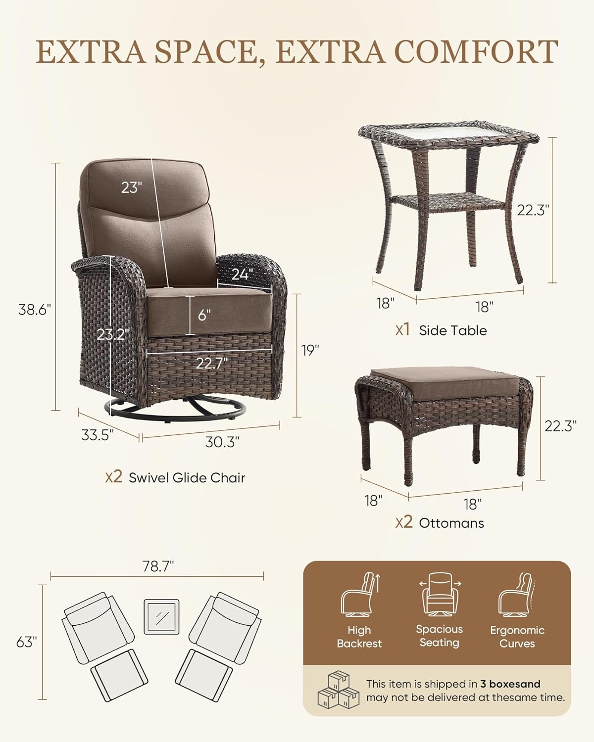 Belord Upgraded 6“ Cushion Luxury 5 Pieces Patio Furniture Set - All Weather Wicker Outdoor Swivel Rocker Patio Chairs of 2 with Ottomans, High Back Glider Chairs Set for Deck Porch - Brown/Grey