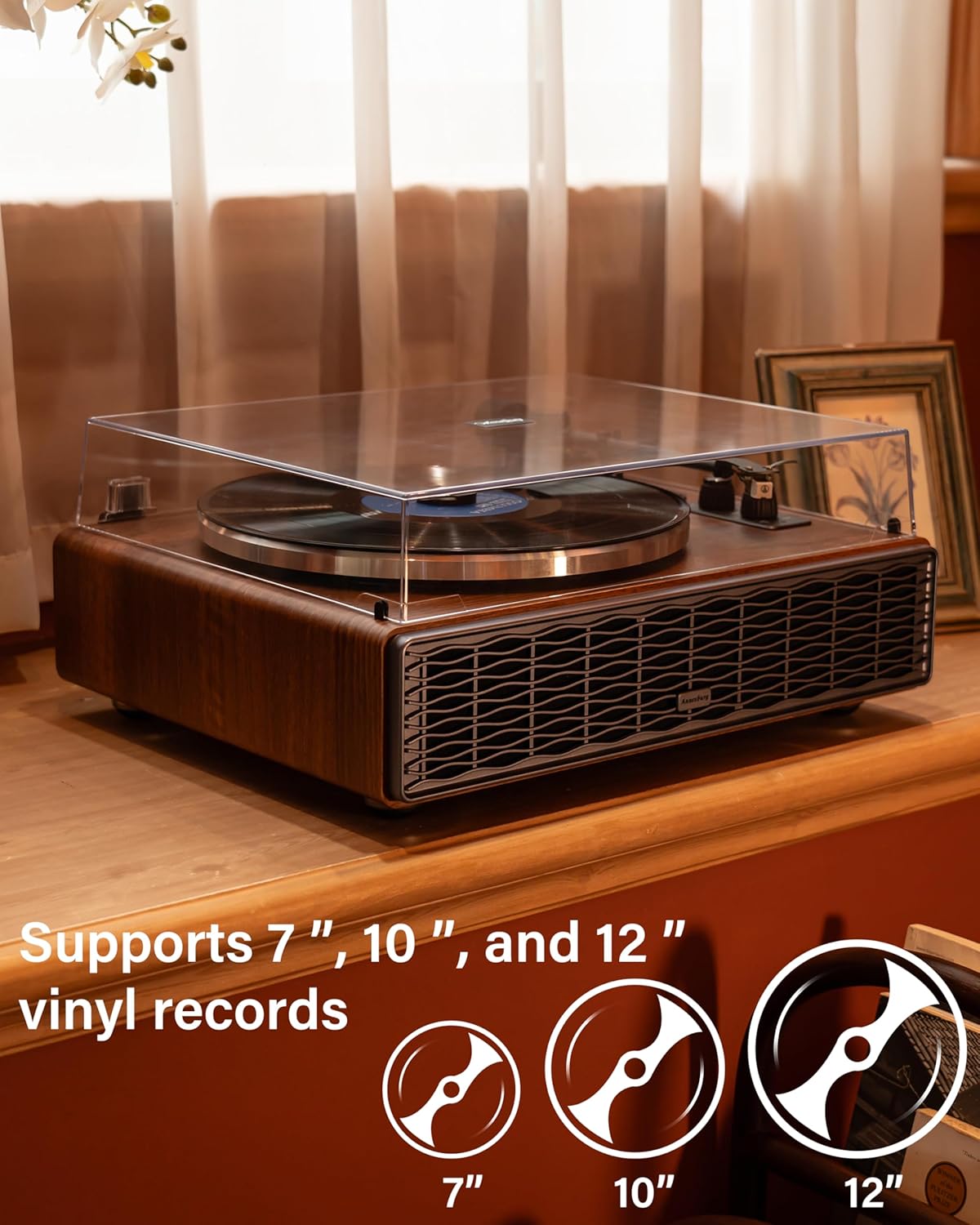 Annesburg Vinyl Record Player, Bluetooth Turntable with Built-in Speakers, High Fidelity Belt Drive 33/45 RPM, AT-3600L Magnetic Cartridge, Wood Walnut