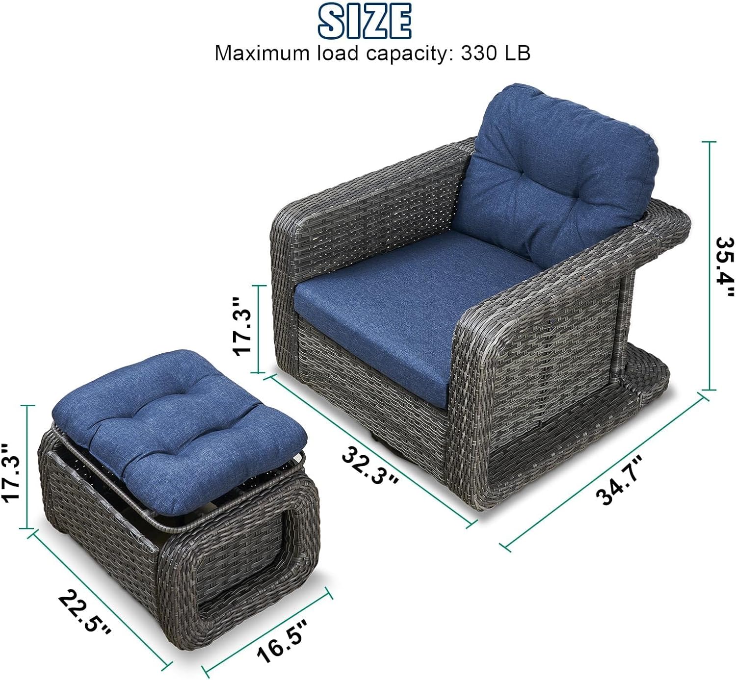 Patio Glider Swivel Rocker Sets: 2piece Patio Furniture Sets, 360° Swivel Rocking Chairs with Ottoman, Rust-Resistant Cushion -Perfect for Backyard/Deck/Porch/Balcony Decors- Gray Wicker,Blue Cushion