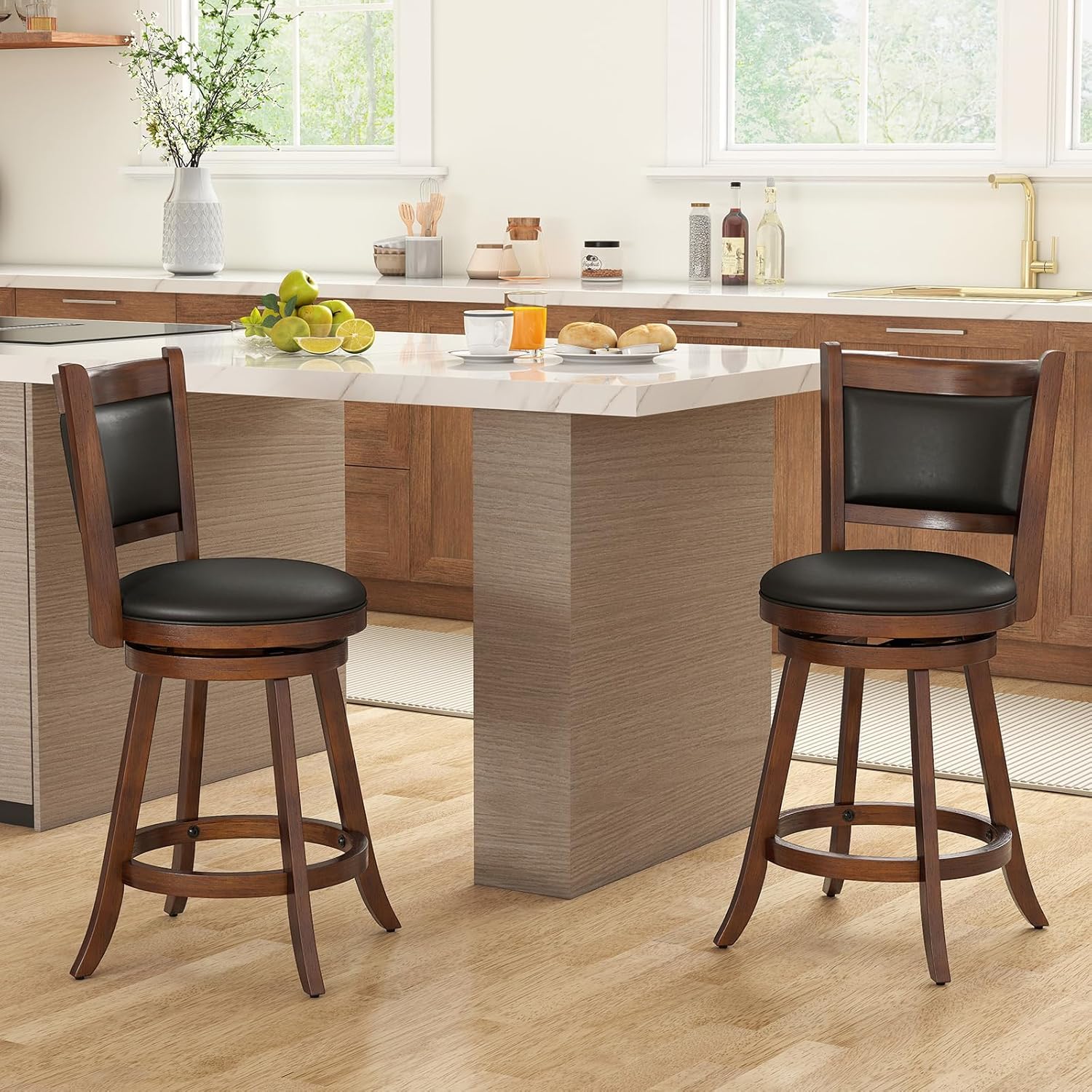 COSTWAY Bar Stools Set of 2, 360 Degree Swivel, Accent Wooden Swivel Seat Counter Height Bar Stool, Leather Upholstered Design, PVC Cushioned Seat, Perfect for Dining and Living Room (Height 24