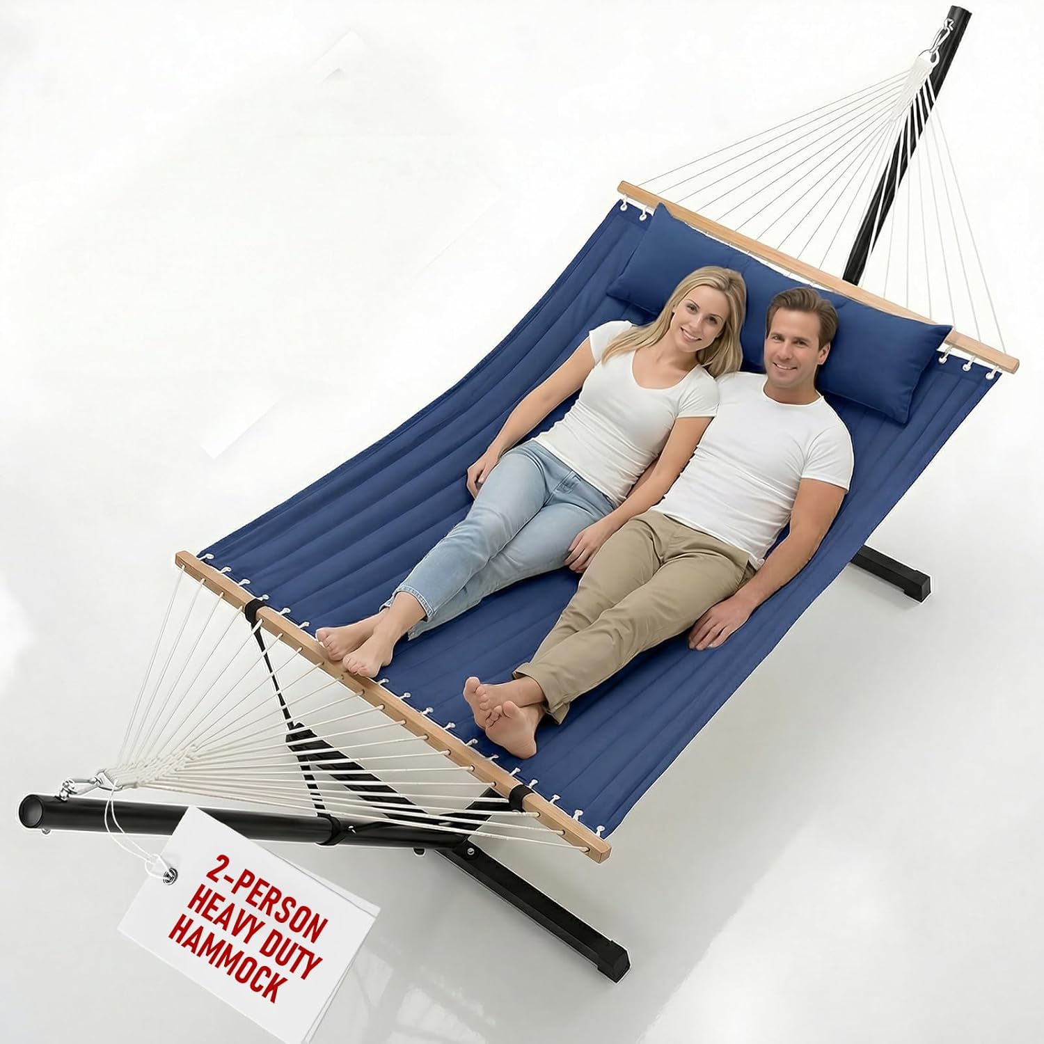 FULIYE Double Hammock with Stand for Outdoor .2 Person Heavy Duty Portable Hammock with Adjustable Steel Stand and Balance Ropes Included – for Patio, Backyard, Garden, Beach (Purplish Blue)