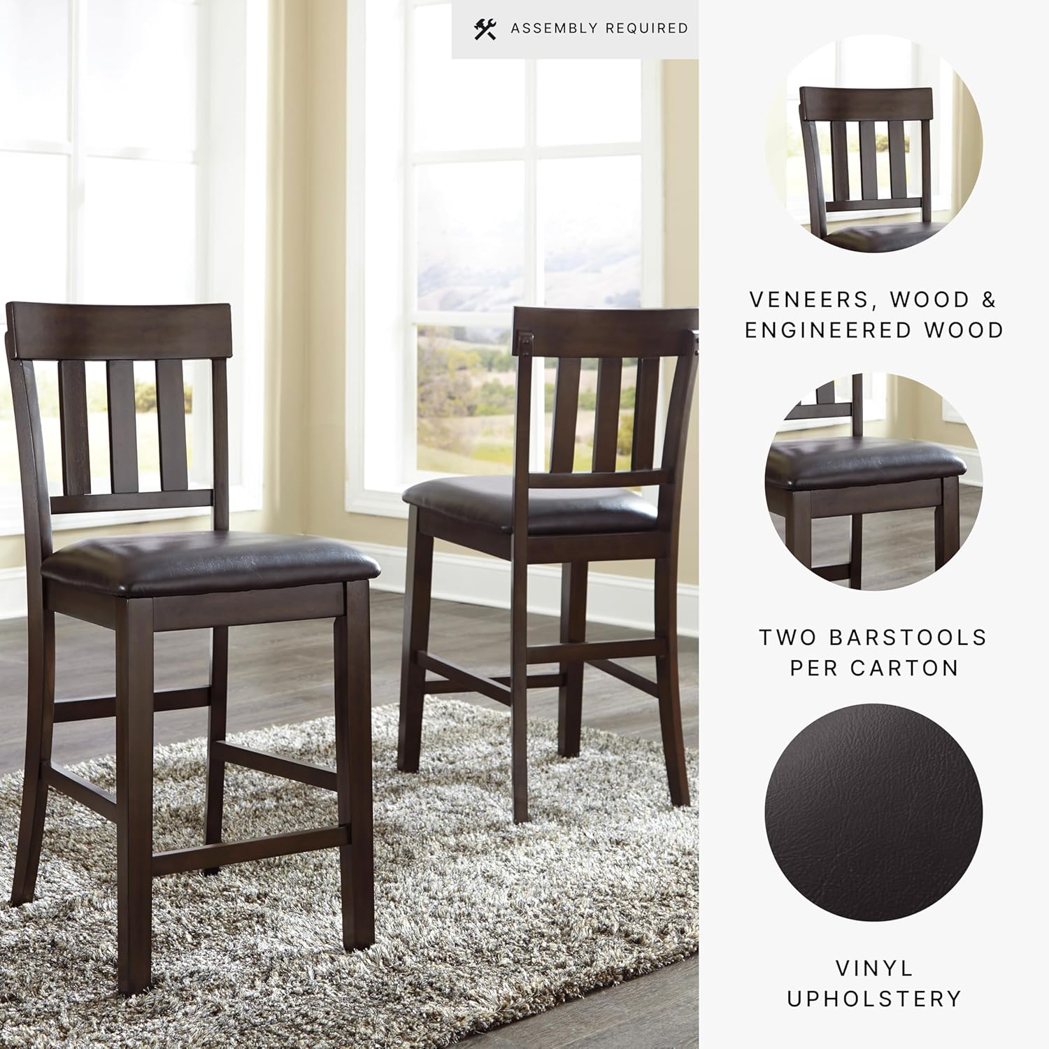 Signature Design by Ashley Haddigan Upholstered Barstool, 2 Count, Slat Back Design, Cushioned Seat, Wood, 25.5
