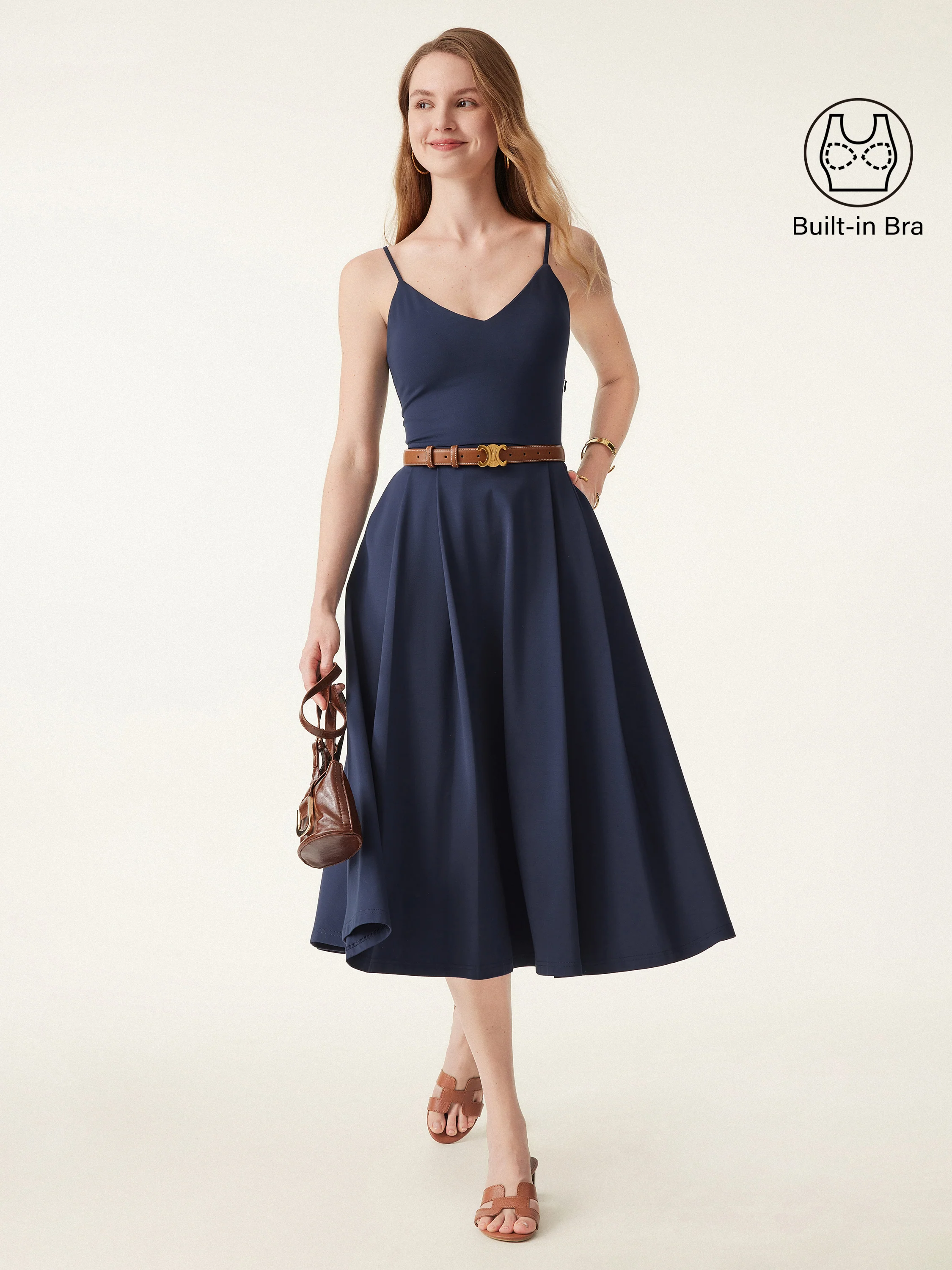 Bamboo Ponte V-neck Fit-and-flare Midi Bra Sundress with Pockets