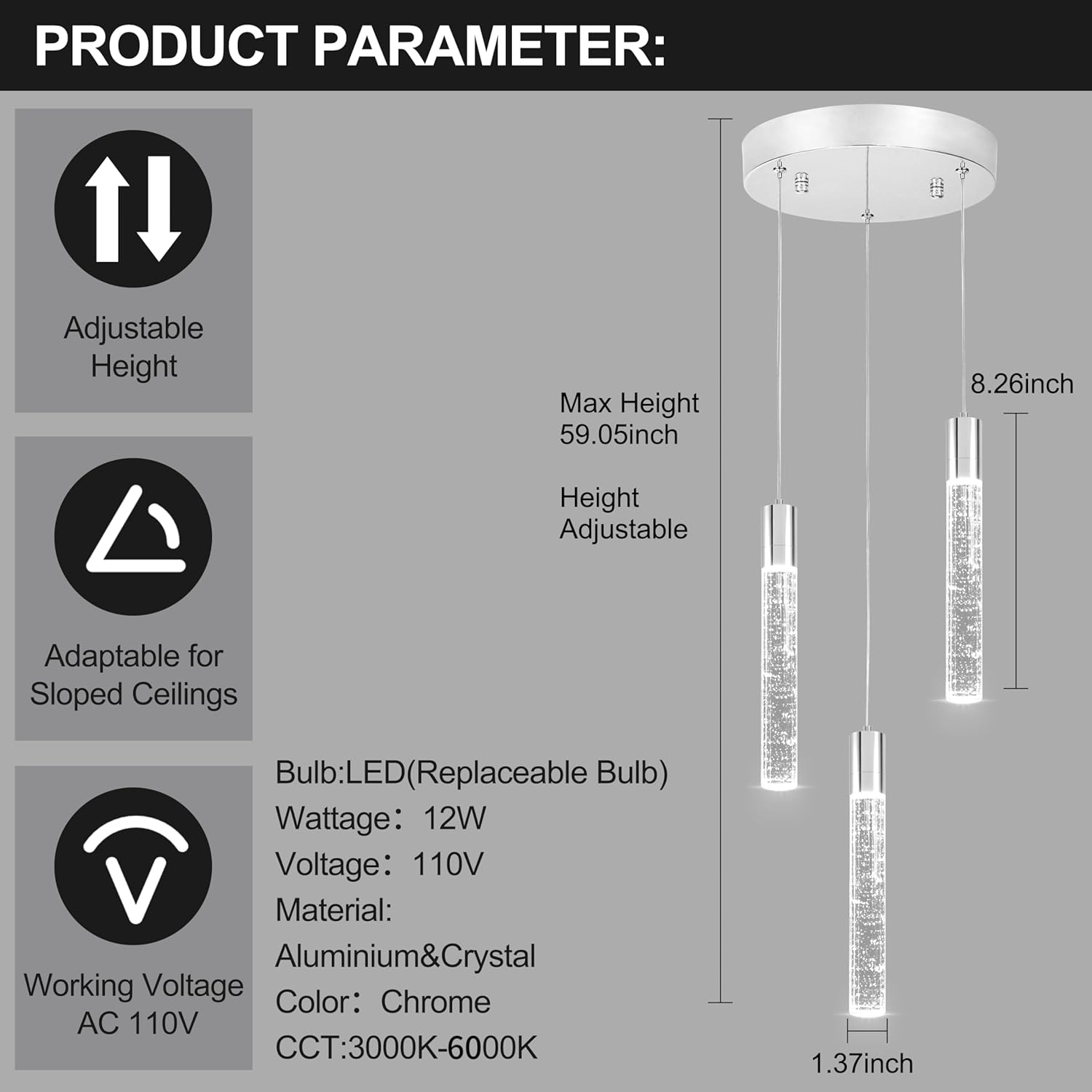 3 Light Pendant Lights Kitchen Island,Modern LED Bubble Crystal Pendants with Dimmable 3000K-6000K Ceiling Hanging Light Fixture for Dining Room Bedroom,Chrome Finish,Adjustable Height 59