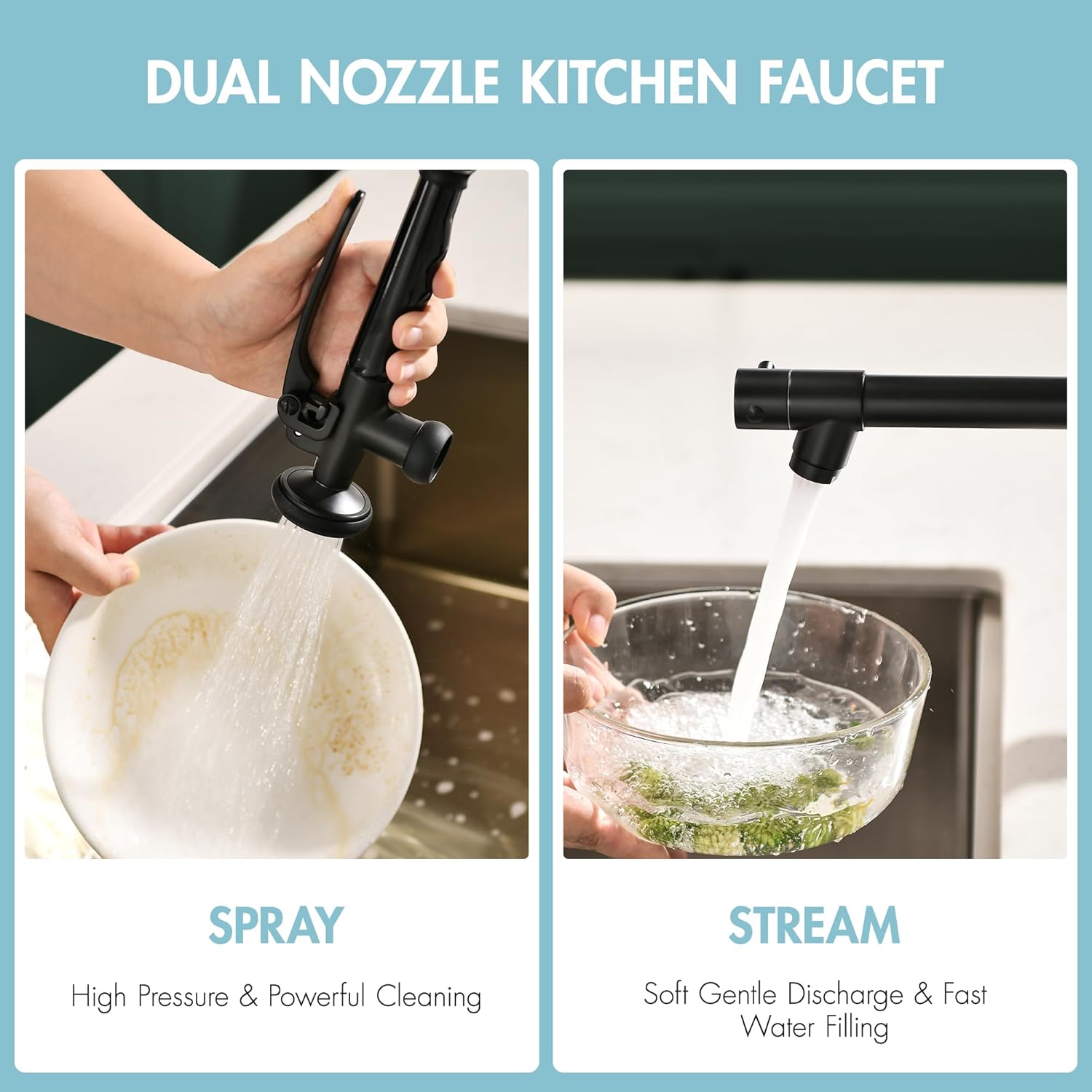 GIMILI Commercial Kitchen Faucet with Pull Down Sprayer, Double Headed Single Handle High Pressure Kitchen Faucet with Soap Dispenser Matte Black