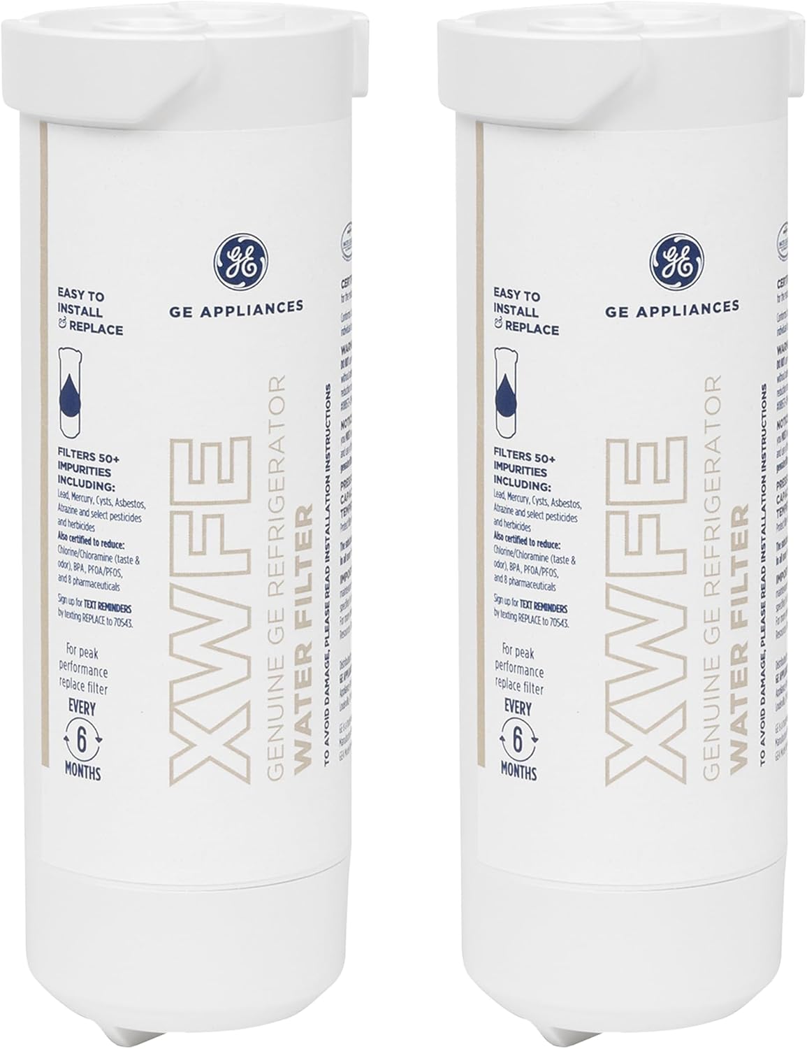 GE XWFE™ Refrigerator Water Filter, Genuine Replacement Filter, Certified to Reduce Lead, Microplastics, PFOA/PFOS, and 50+ Other Impurities, Compatible with GE Appliances Brands, Pack of 2