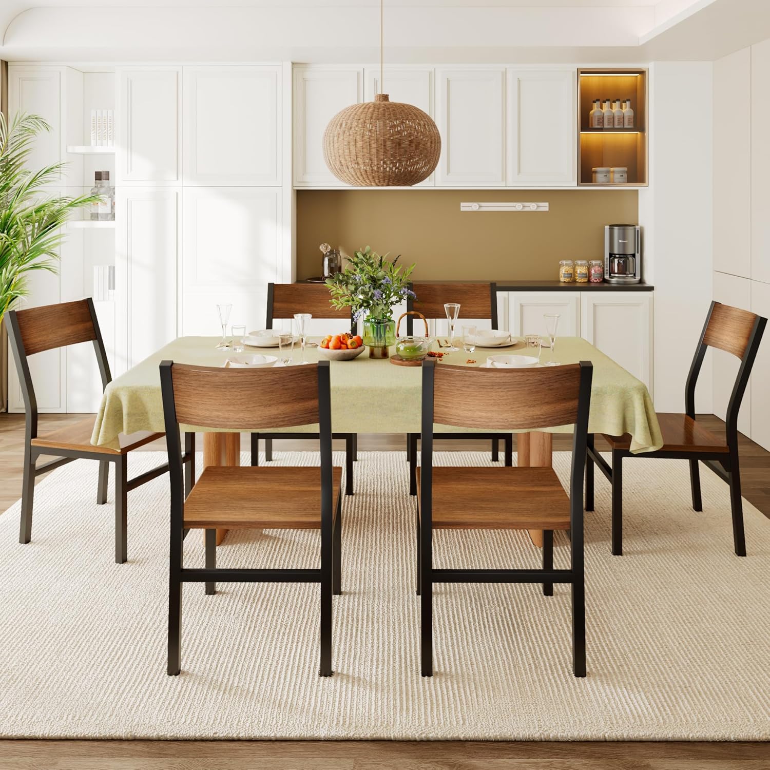Feonase Dining Chairs Set of 6, Modern Kitchen Chairs with Ergonomic Backrest, MDF Board and Metal Legs, Dinner Chairs for Dining Room, Kitchen and Living Room, Walnut