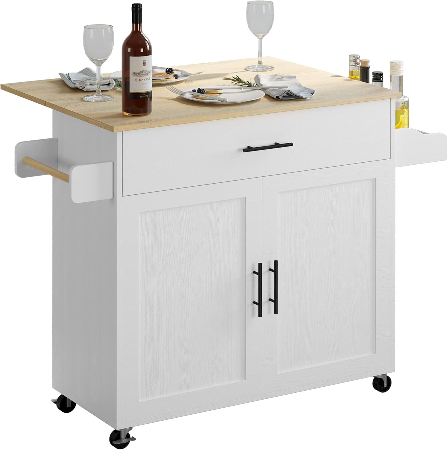 IRONCK Rolling Kitchen Island Table on Wheels with Drop Leaf, Storage Cabinet, Drawer, Spice/Towel Rack, Kitchen Cart, 47.25