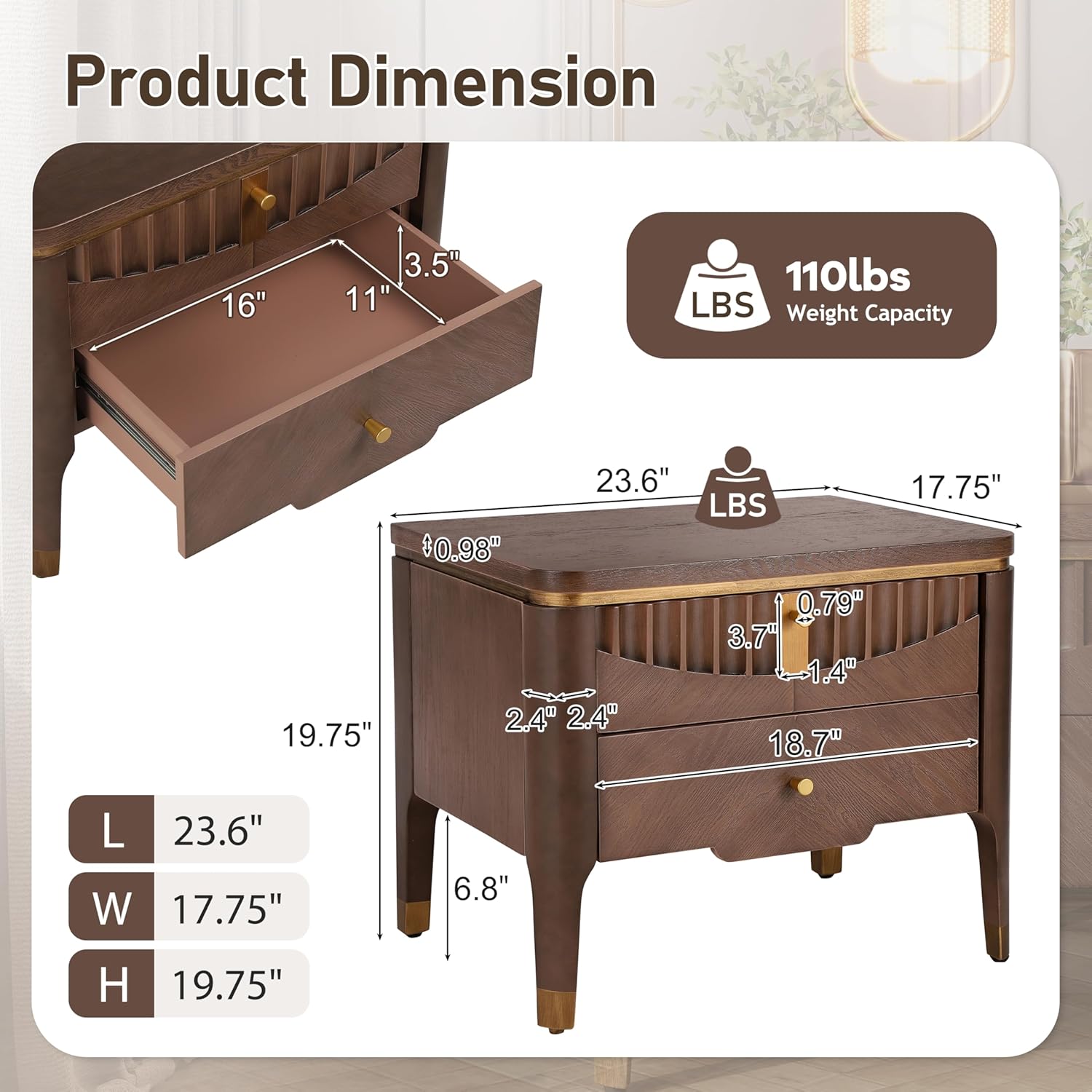 Christopher Knight Home Lehend Modern Rectangular Nightstand with Drawers, Bedside Table/End Table with Metal Button Handle for Bedroom/Living Room, Storage Cabinet with 2 Drawers, Brown