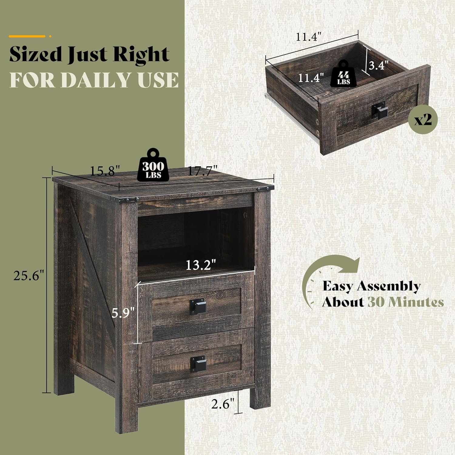 AMERLIFE Farmhouse Nightstand Set of 2, Wooden Side Table with Drawers & Open Shelf, Narrow/Small Bedside End Table, Wood Night Stand for Bedroom/Dorm/Home Office, Rustic Black Oak