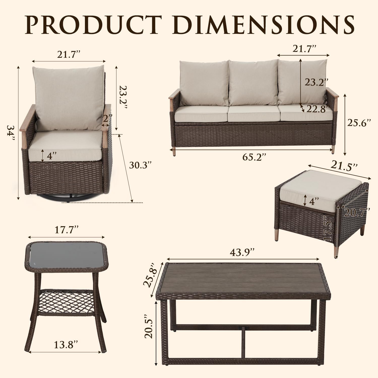 MELLCOM 7 Piece Patio Furniture Set Wicker Patio Conversation Set Rocking Bistro Set with 3 Seater Sofa, Coffee Table, Tempered Glass Side Table and 2 Ottoman, for Backyard Garden Patio(Beige, 7pcs)