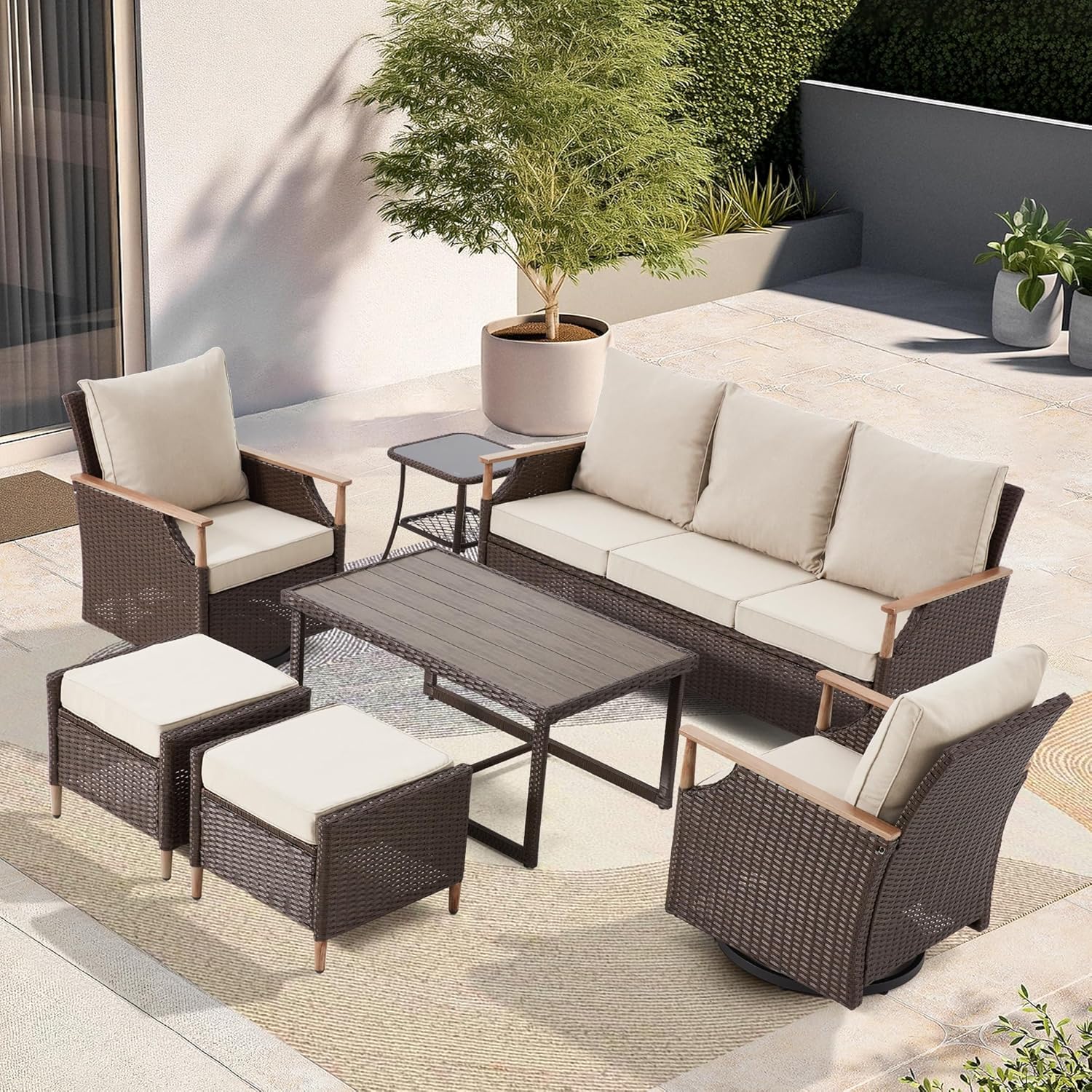MELLCOM 7 Piece Patio Furniture Set Wicker Patio Conversation Set Rocking Bistro Set with 3 Seater Sofa, Coffee Table, Tempered Glass Side Table and 2 Ottoman, for Backyard Garden Patio(Beige, 7pcs)
