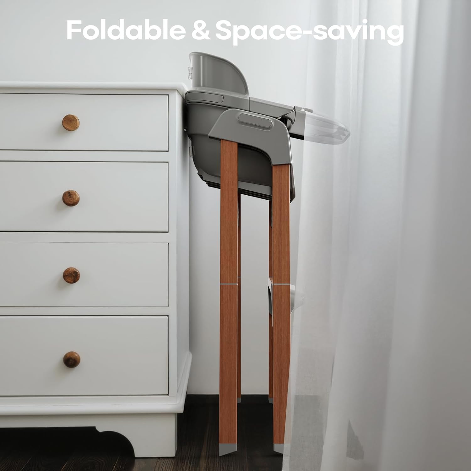 Fodoss Baby High Chair, 4-in-1 Foldable Design, Sturdy Wood Grain, Removable Dishwasher Safe Tray, 5-Point Harness, Easy Clean, Light Gray