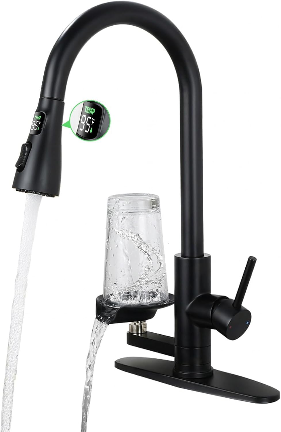 Kitchen Faucet with Glass Rinser, Pull Down Sink Faucet with 3 Spray Modes and High Pressure Glass Rinser, Temperature Display High Arc Stainless Steel Kitchen Faucets (Matte Black)