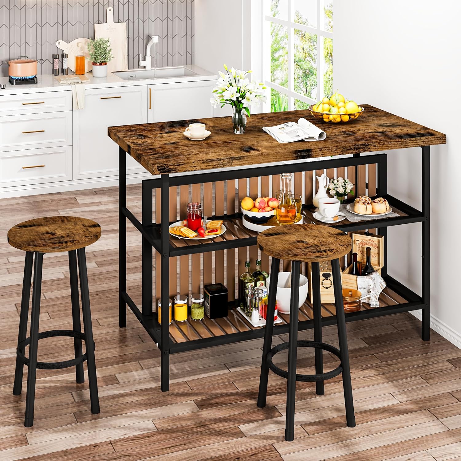 DKLGG Kitchen Island with Seating & Storage, Farmhouse Dining Table Set for 2, Space-Saving 3 Piece Dining Set Table & Chairs Island Table for Kitchen, Apartment, Dining Room, Rustic Brown