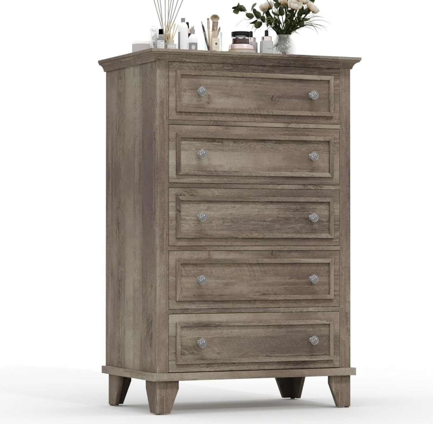 GarveeHome Gray Dresser for Bedroom, 48 in Tall Dresser with 5 Drawers, Chest of Drawers with Storage, Vintage Wood Dressers for Closet, Living Room, Hallway, Grey