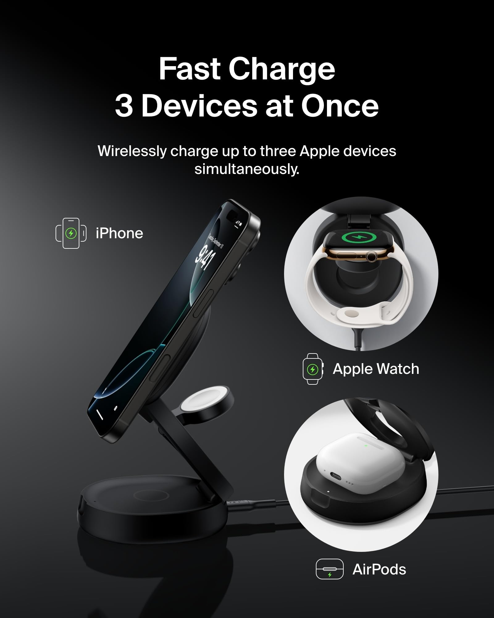 BELKIN MagSafe 3-in-1 Wireless Charging Station - Black