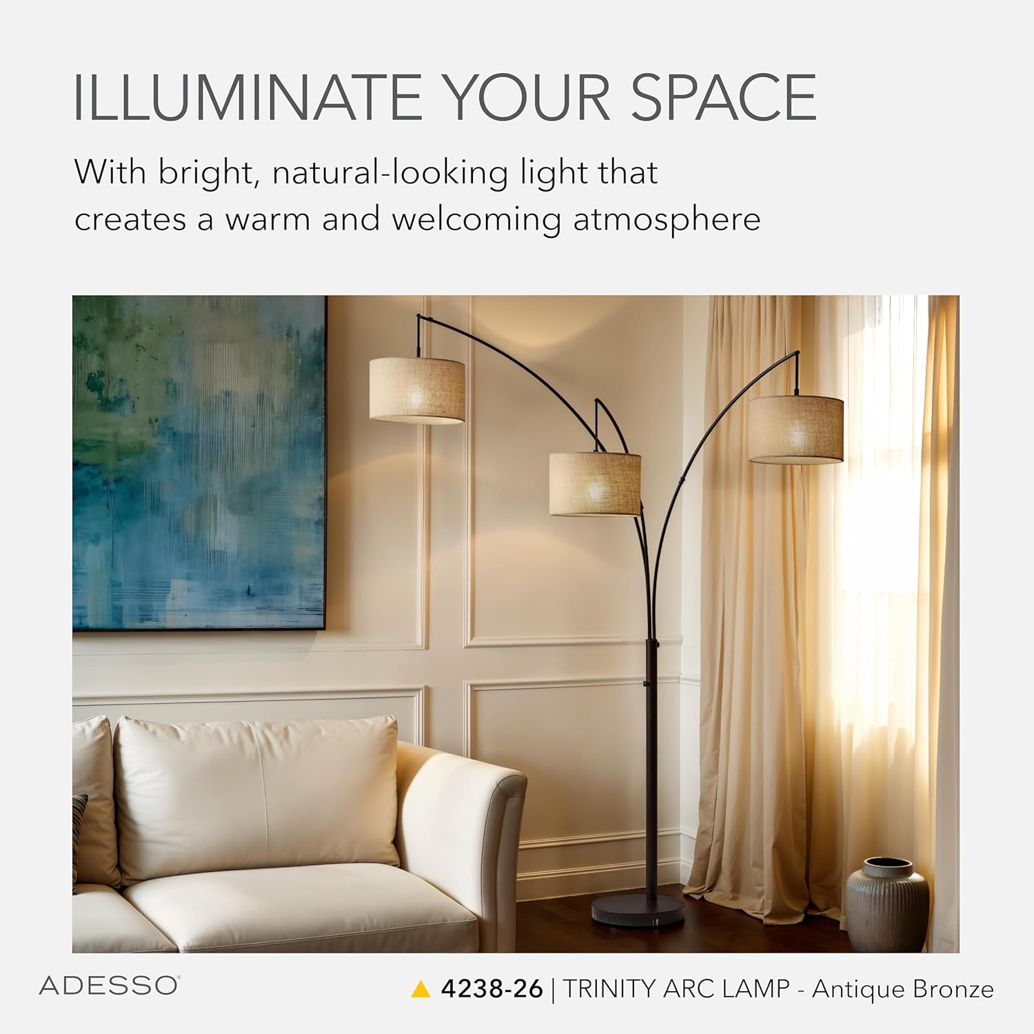 Adesso Arc Floor Lamp with 3 Movable Shades & Dimmable Brightness - Perfect Lighting for Bedroom, Living Room and Corner Decor, Antique Bronze
