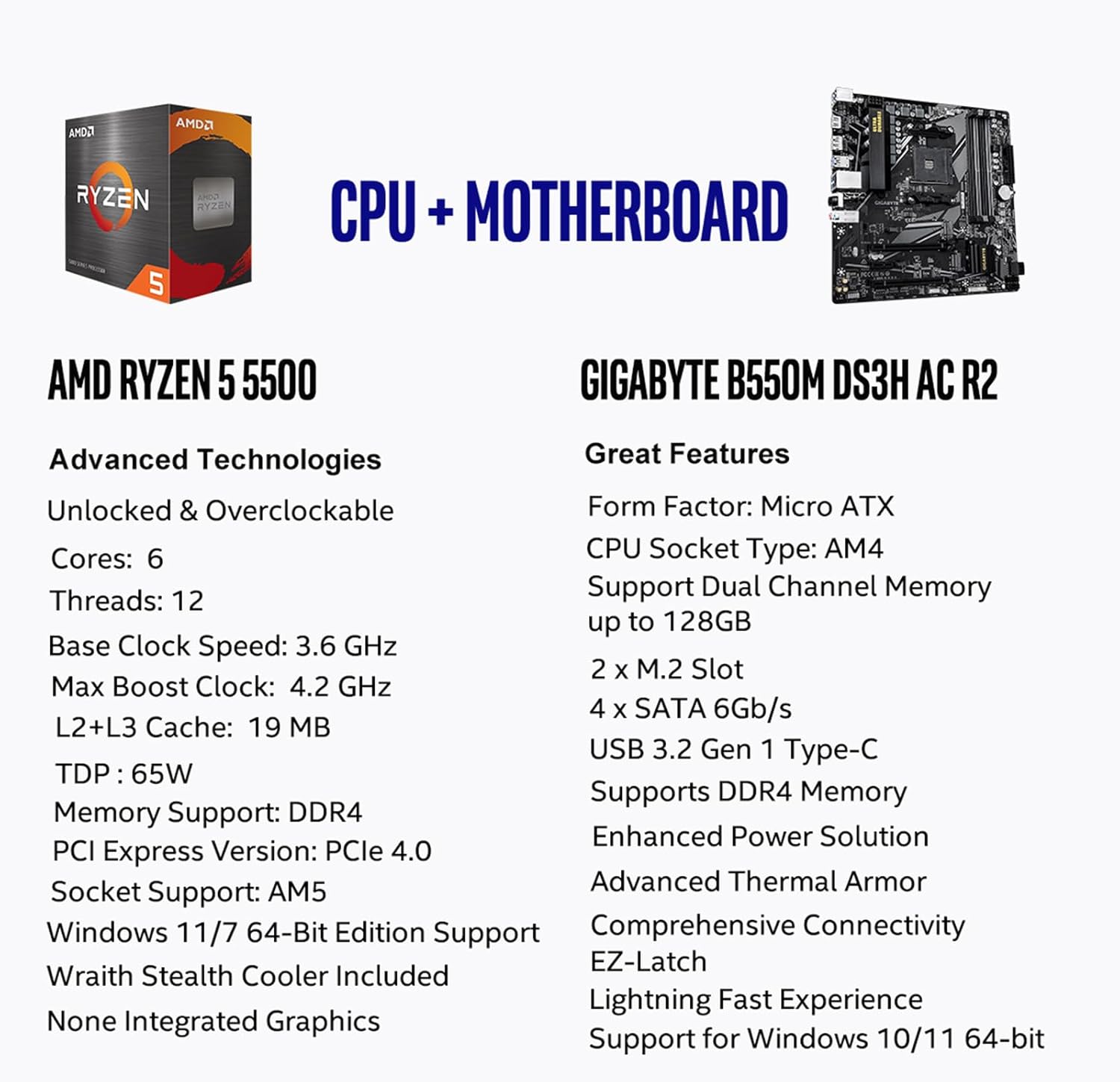 MICRO CENTER AMD Ryzen 5 5500 Desktop Processor with ASRock A520M-HDV AM4 DDR4 Motherboard