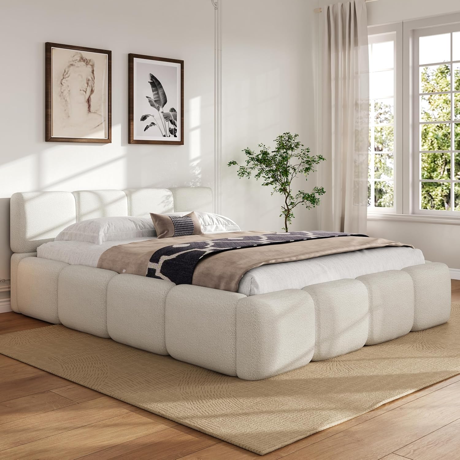 Merax Queen Size Boucle Platform Bed with Thick Headboard and Footboard, Block Style Upholstery Grounded Bed Frame, White