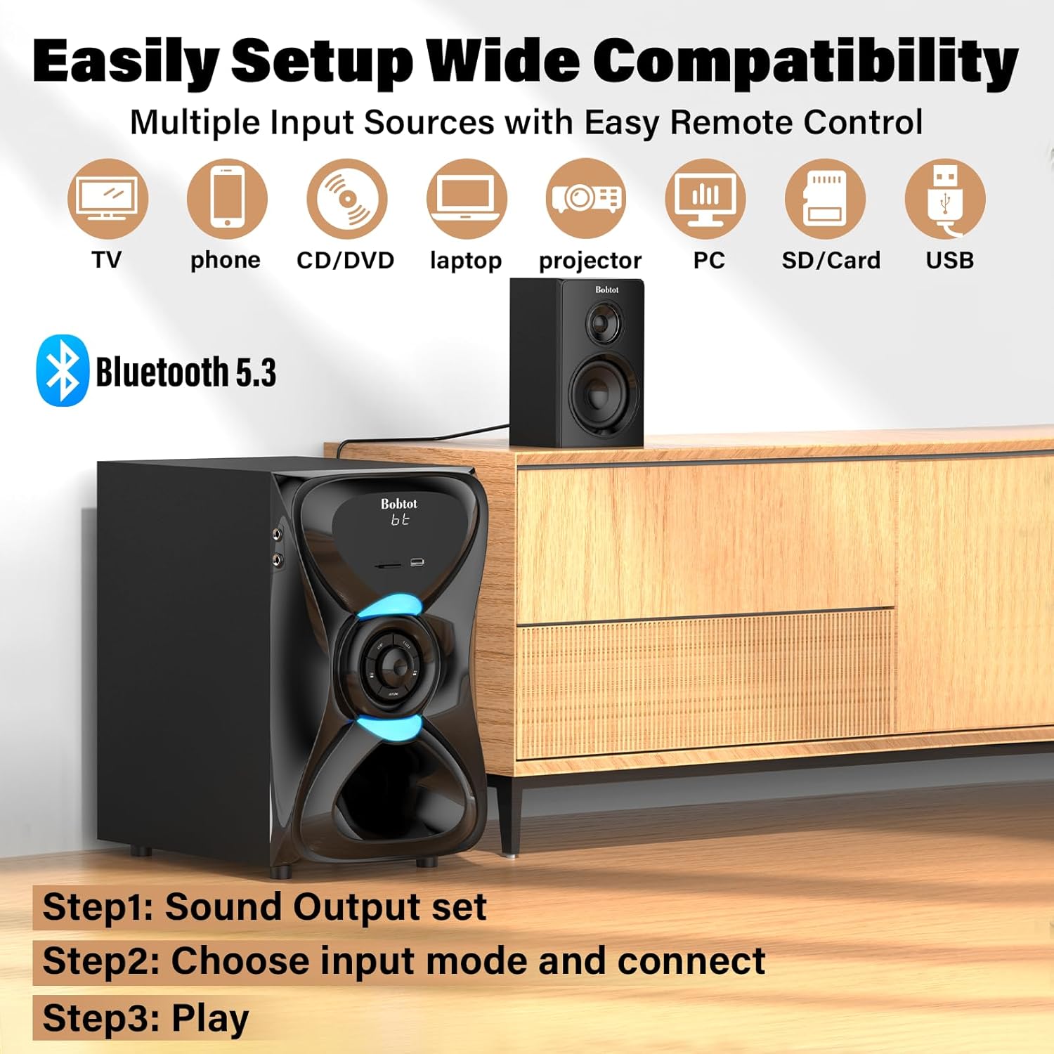 Bobtot Surround Sound Systems Wireless Rear Satellite Speakers - 1000W Peak Deep Bass 8 inch Subwoofer 5.1/2.1 Channel Home Theater System with ARC Optical Bluetooth Karaoke Input