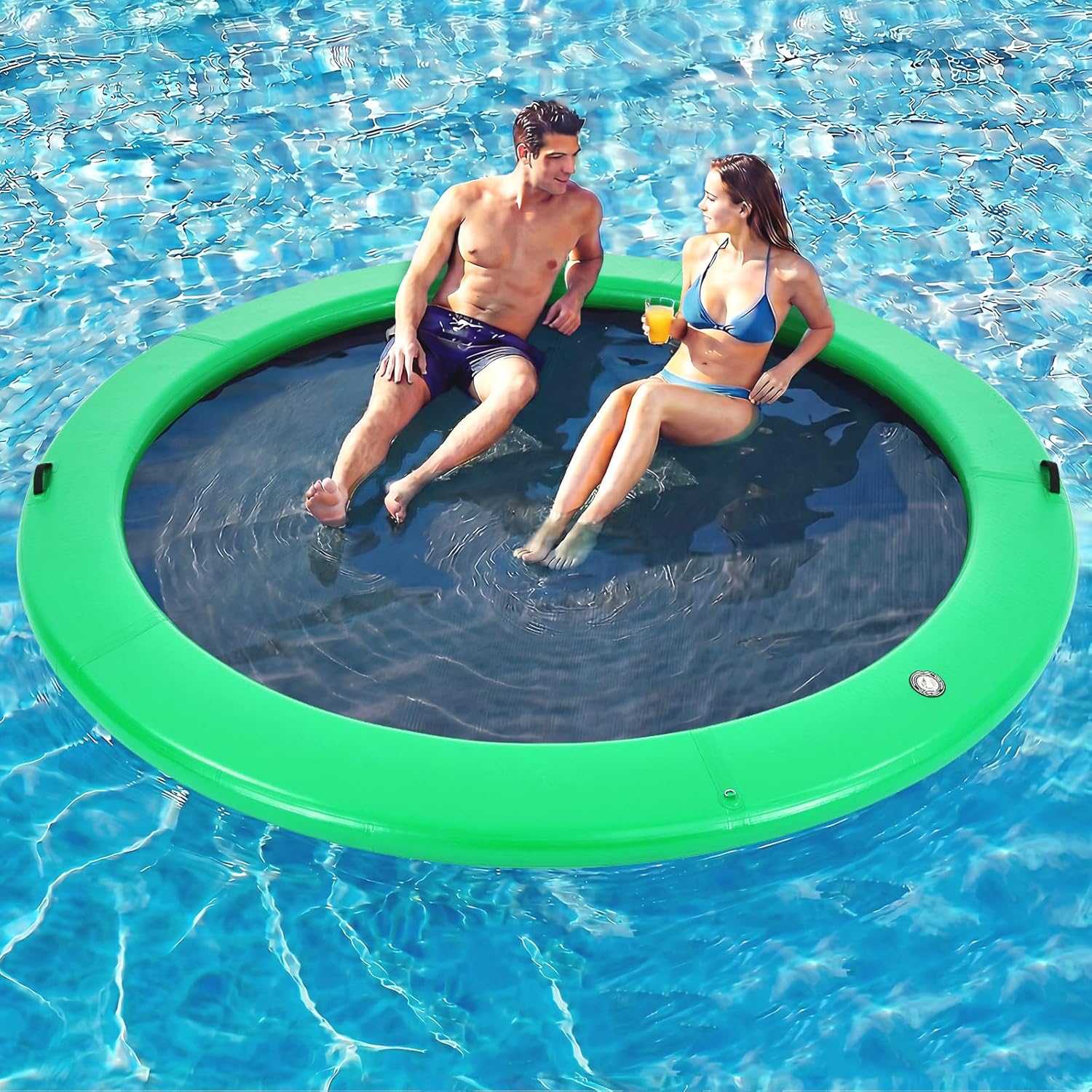 6-12FT Round Inflatable Floating Dock, Sunchill Float Ring, Water Hammock Tanning Pool Floats with Woven Fabric, Manual Pump for Quick Inflate/Deflate, Fits 2-8, Ideal for Lakes, Oceans