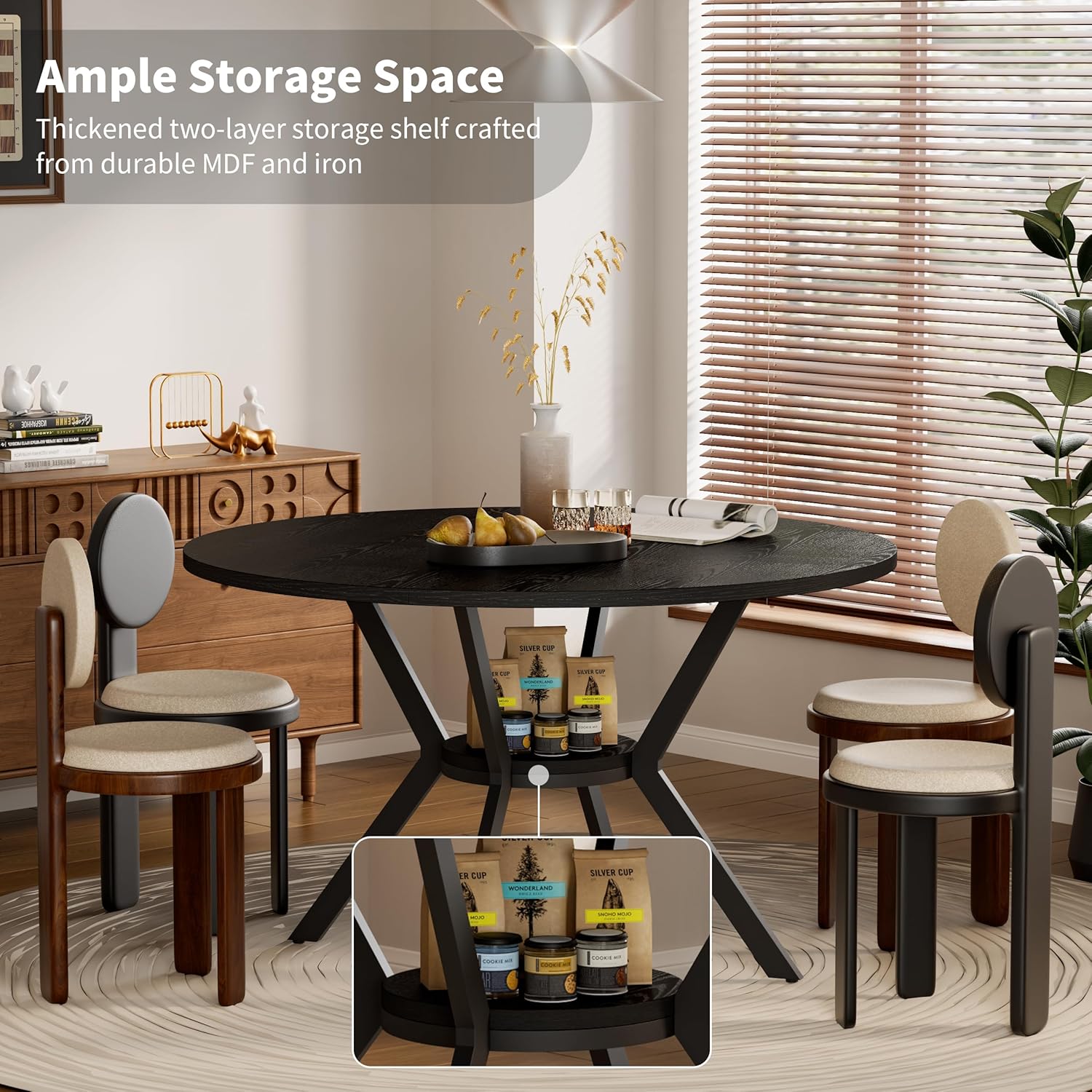 Black Dining Table for 2-4, 42 Inch Round Kitchen Table with Storage, Wooden Circle Dinner Table with Metal Legs, Rustic Mid Century Modern Dining Room Tables for Kitchen, Living Room, Dining Room