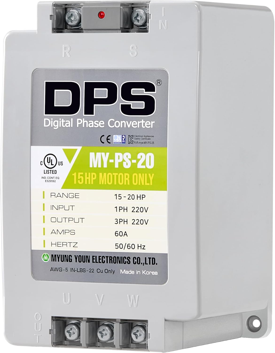 DPS Sinlge Phase to 3 Phase Converter, 20HP, 60A, Input/Output 200V - 240V MY-PS-20 Model Must Be Used for 15HP(11kW) 45A Motor, DPS Must Be Used for 1 Motor Only, UL-Listed
